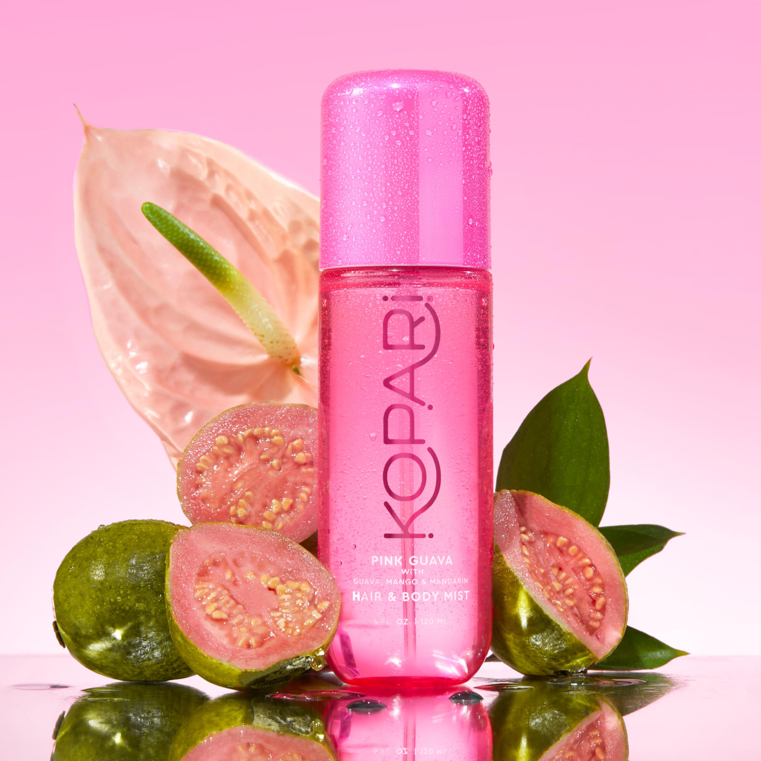 Kopari Pink Guava bruma, etiqueta delantera: aroma tropical que evoca playa.