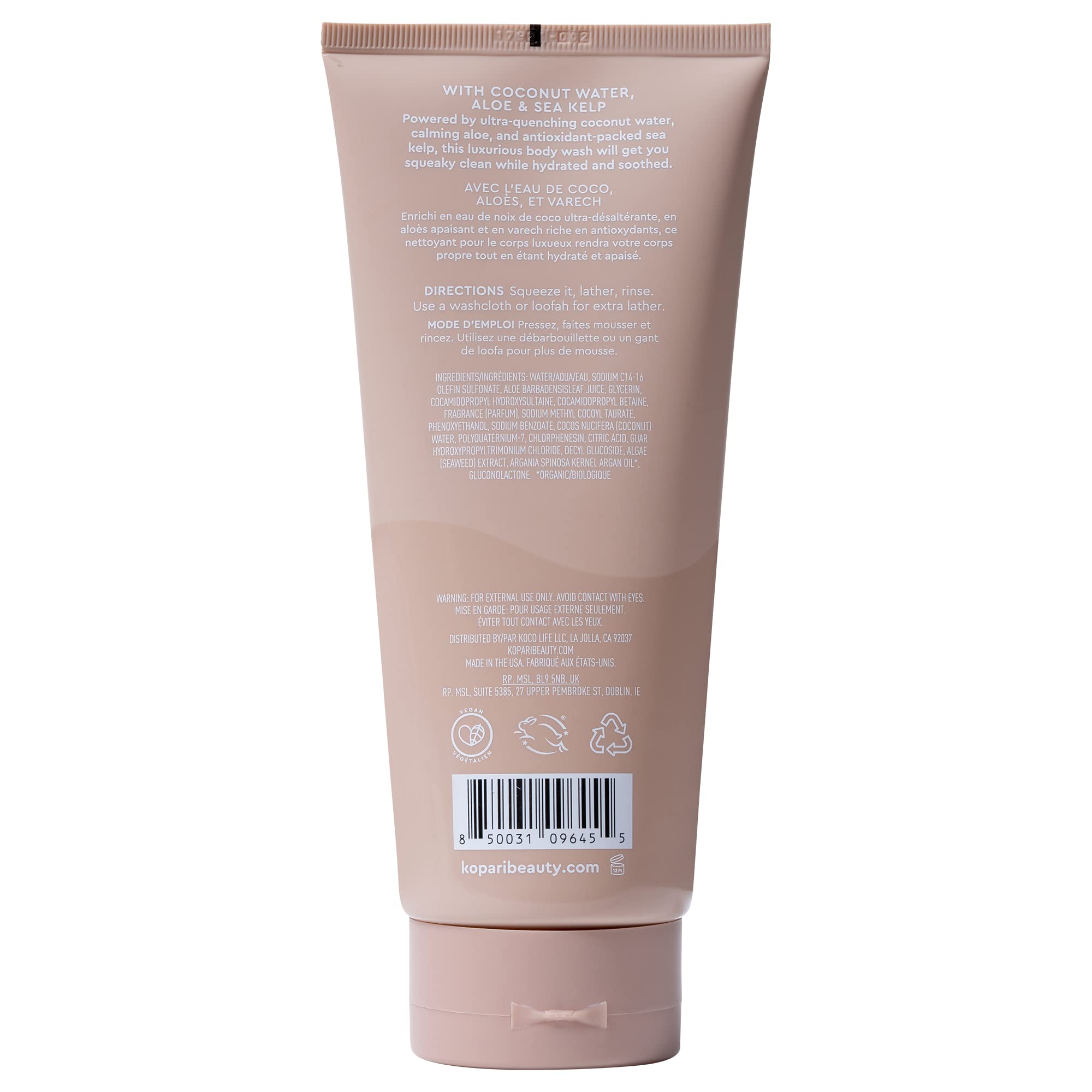 Kopari gel ducha con aloe y alga marina para hidratación ligera y fresca.