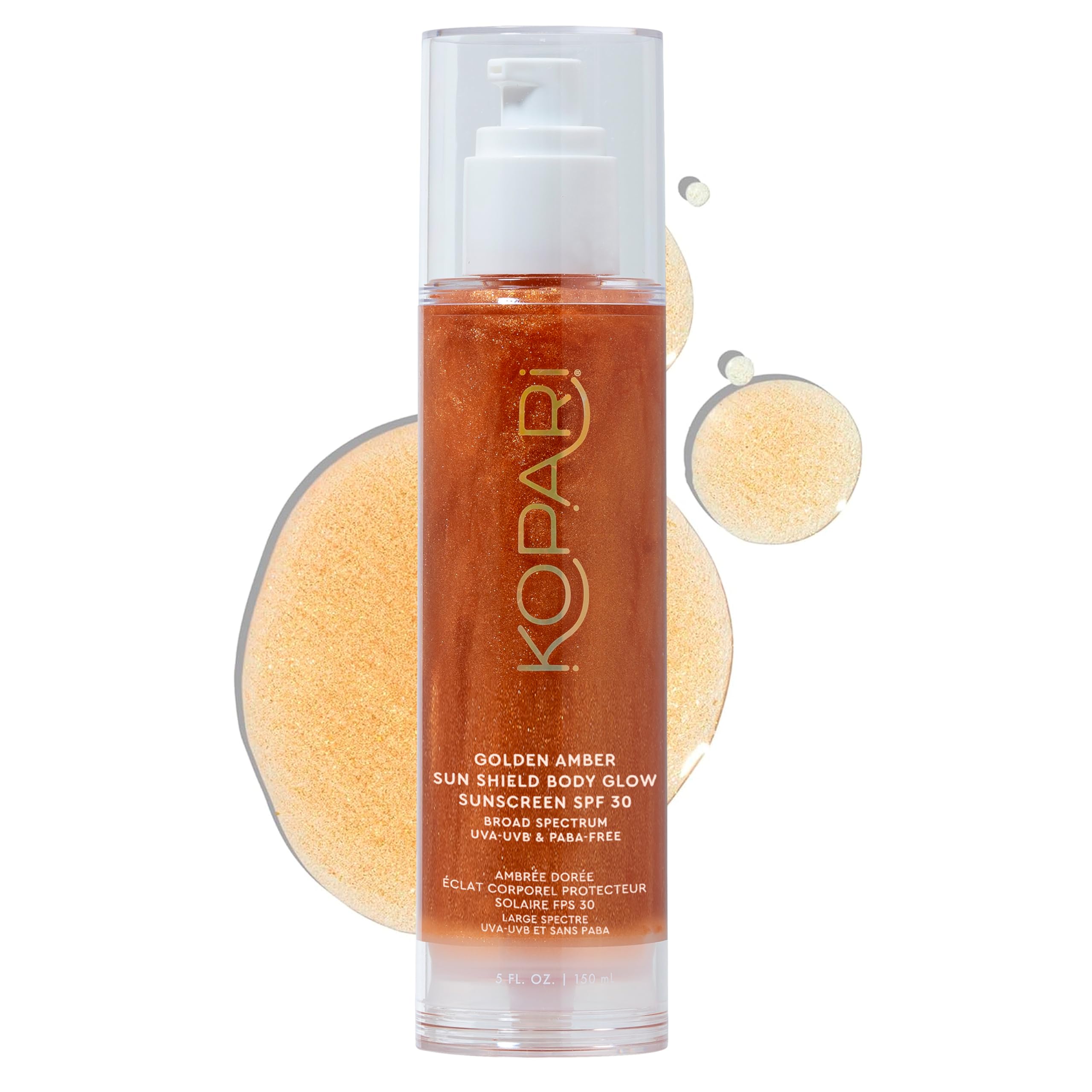 Kopari Sun Shield Body Glow, botella dorada para un brillo suave y protección solar