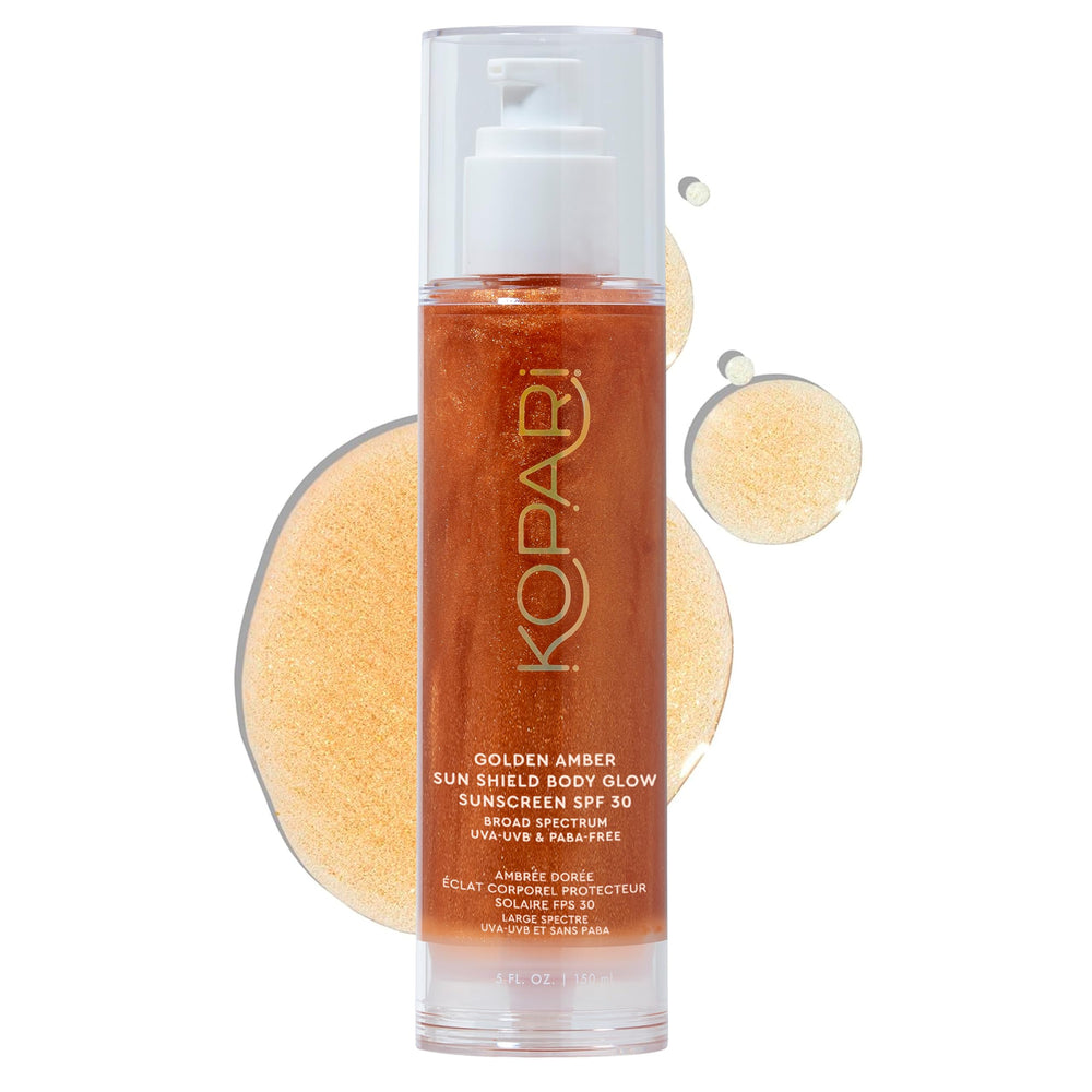 Kopari Sun Shield Body Glow, botella dorada para un brillo suave y protección solar