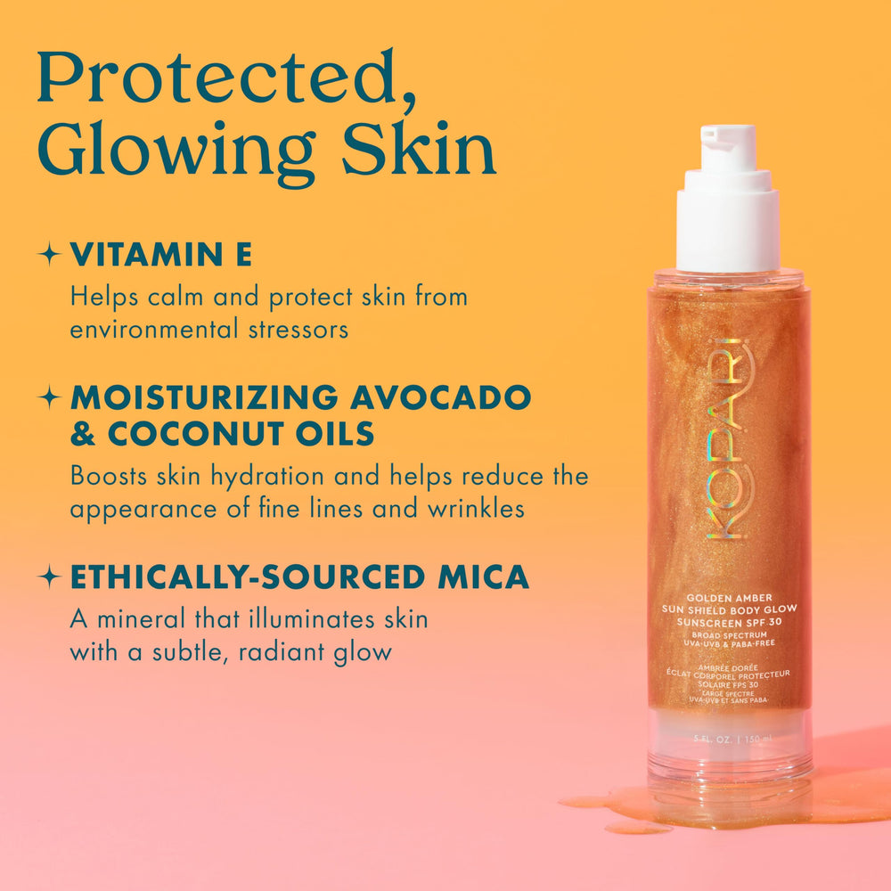 Brillo rosado de Kopari Sun Shield Body Glow realzando la tez