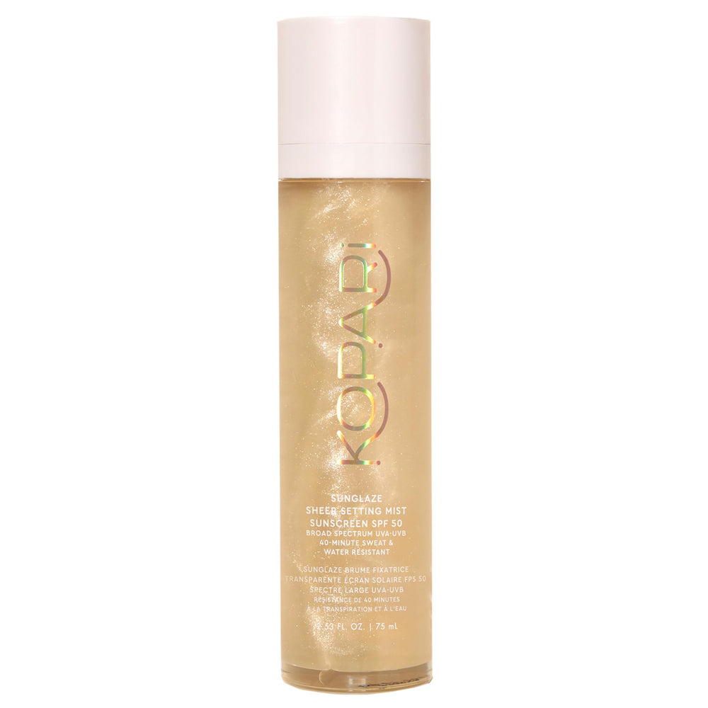 Kopari Sunglaze Setting Mist SPF 50 en botella, acabado ligero y protección solar continua.