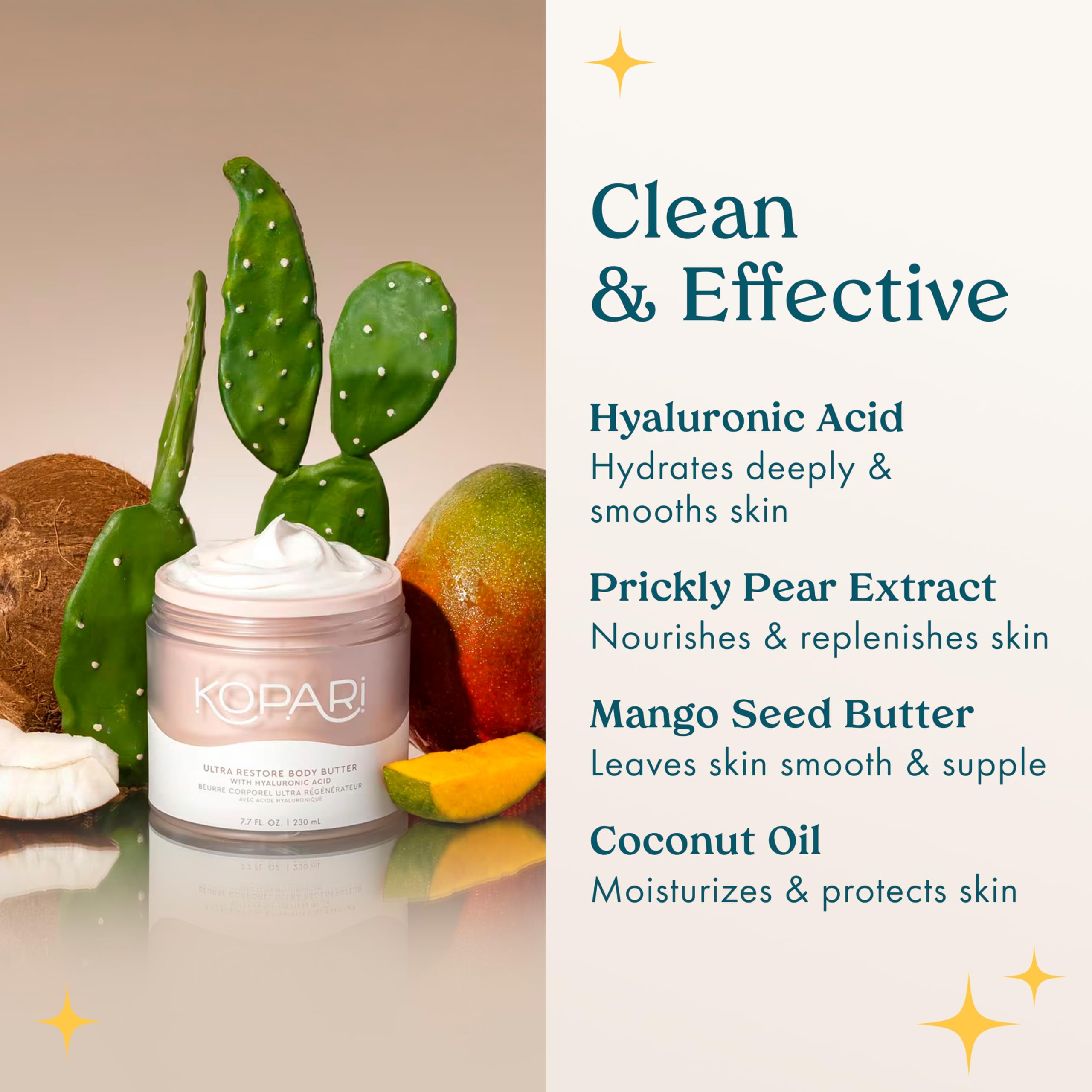Kopari Ultra Restore aroma coco tropical para sensación relajante.