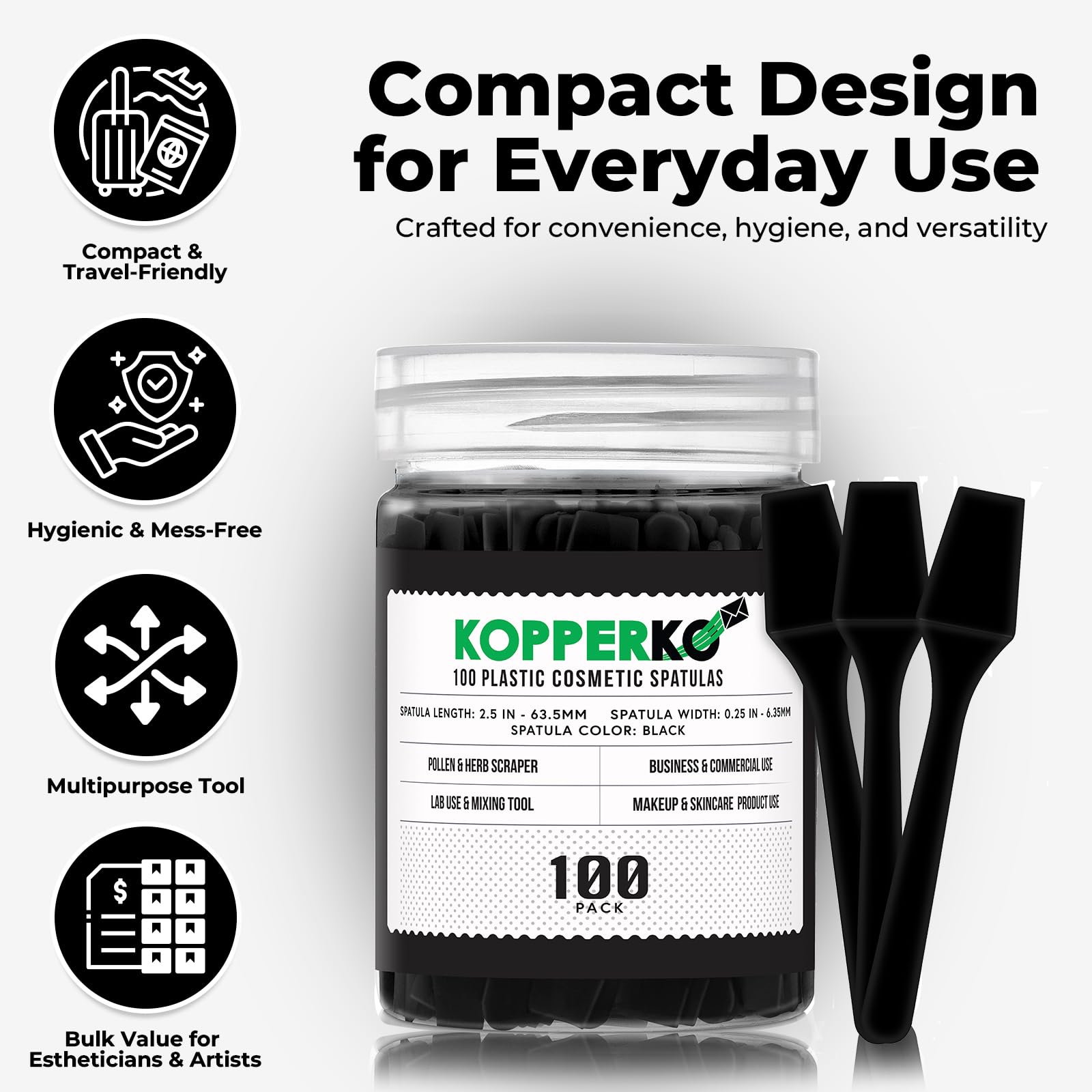 Kopperko pack 100 espatulas, orden y higiene al usar productos cosméticos.