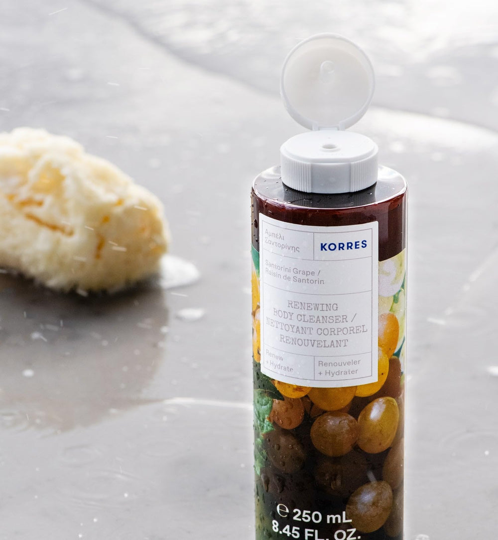 KORRES aroma a uva de Santorini, experiencia sensorial en la ducha