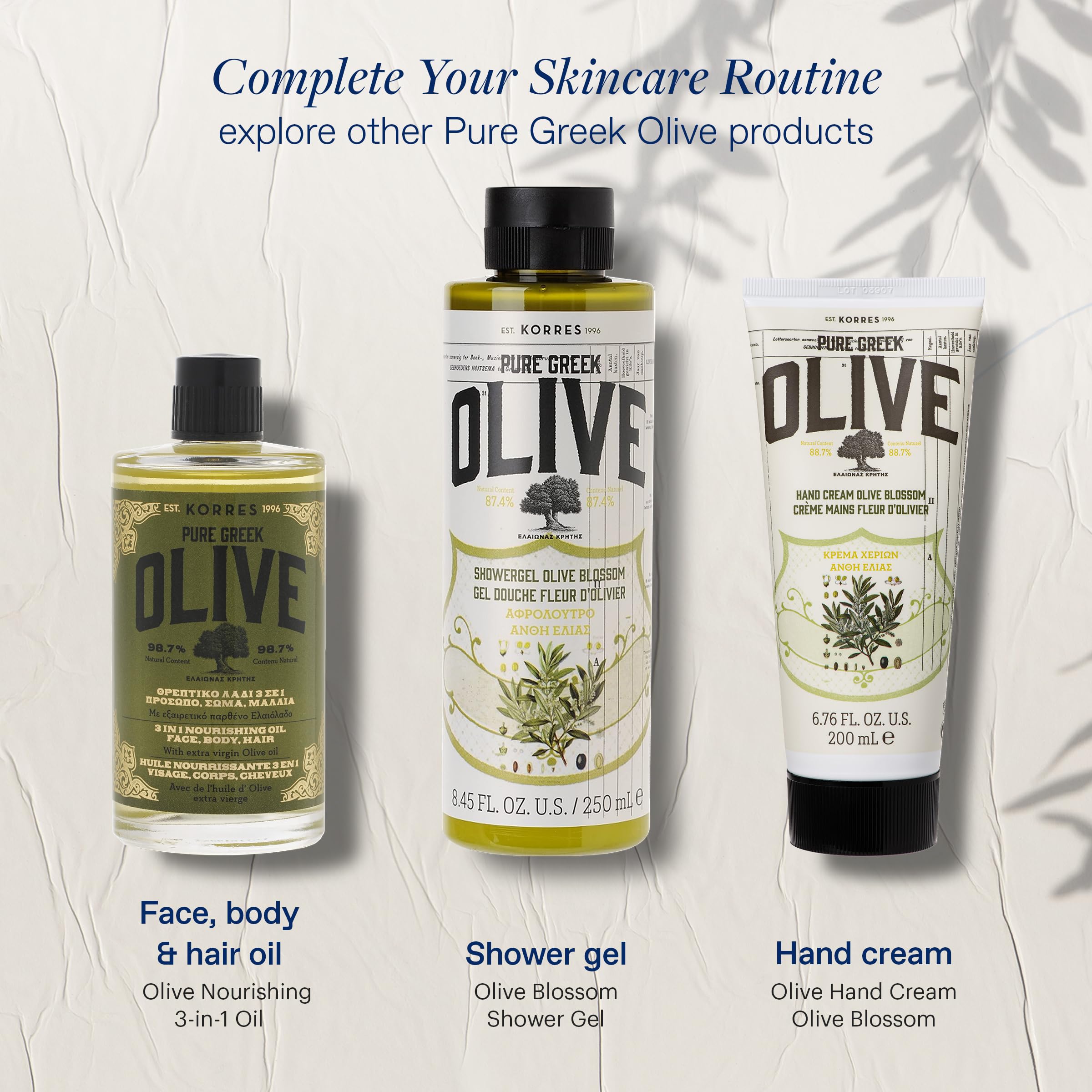 Corps hydraté avec l'huile d'olive Korres—peau soyeuse et confortable.