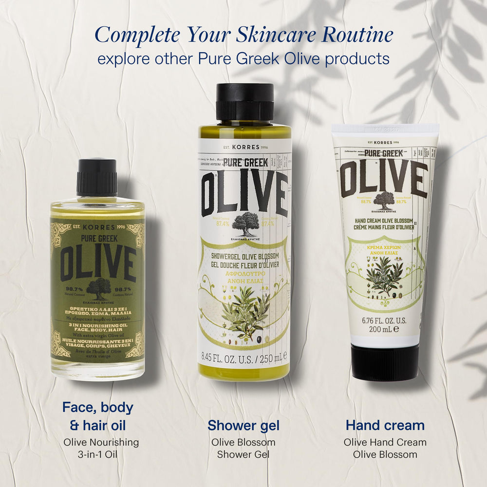 Corps hydraté avec l'huile d'olive Korres—peau soyeuse et confortable.