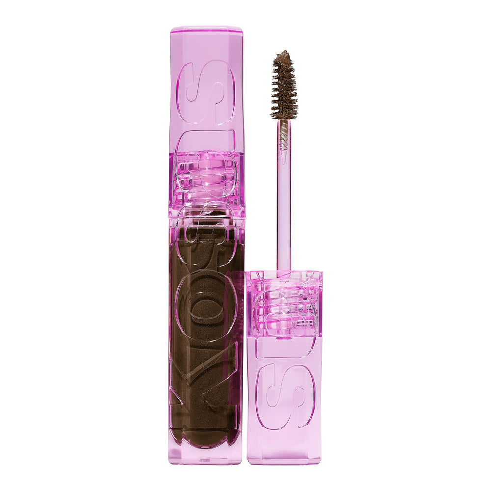 Kosas Air Brow Gel tintado marrón oscuro para cejas definidas y naturales.