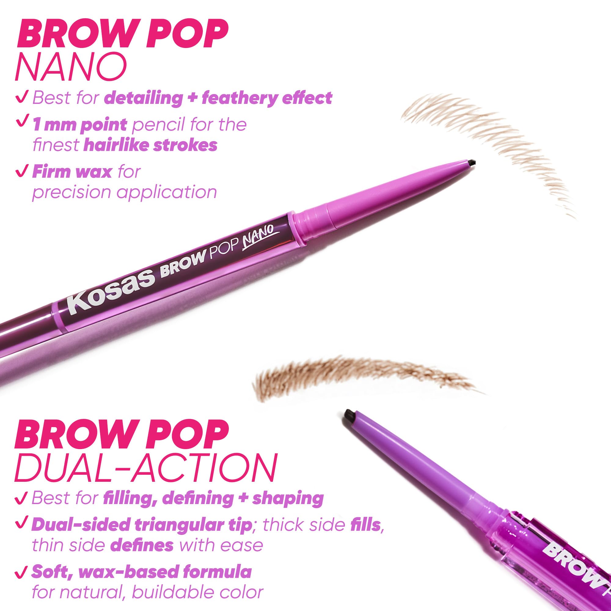 Kosas Brow Pop Nano shade black applied for bold, defined brows.