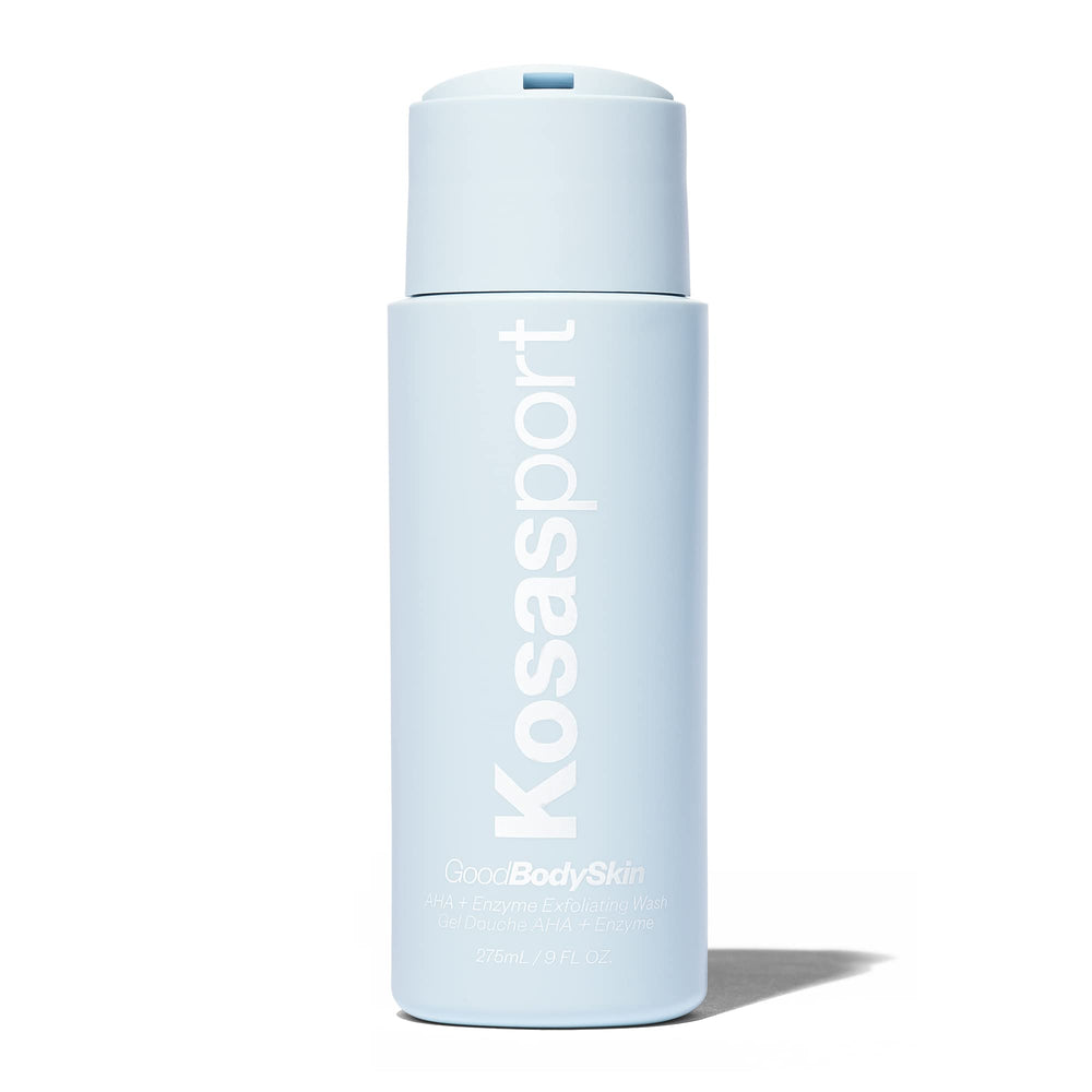 Kosas Kosasport Good Body Skin Body Wash muestra textura-espuma para exfoliación diaria suave.