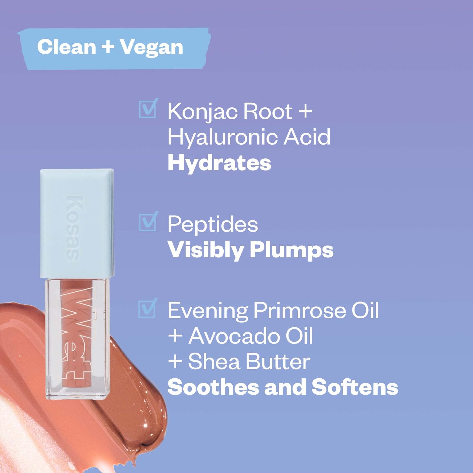 Kosas Wet Lip Oil Gloss peptides support firmness and smoothness.
