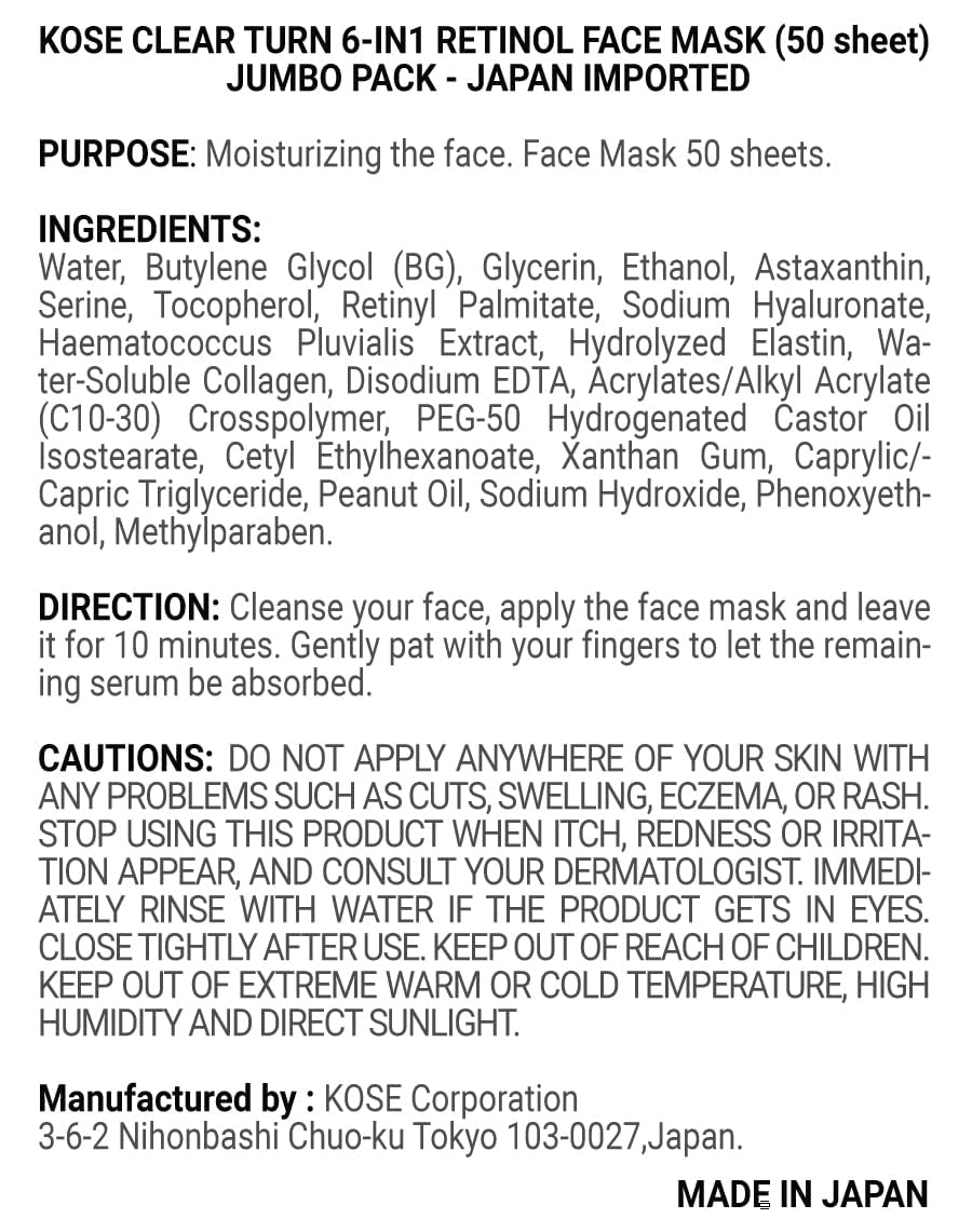 Kose Clear Turn retinol 6-en-1 50 hojas, empaque japonés.