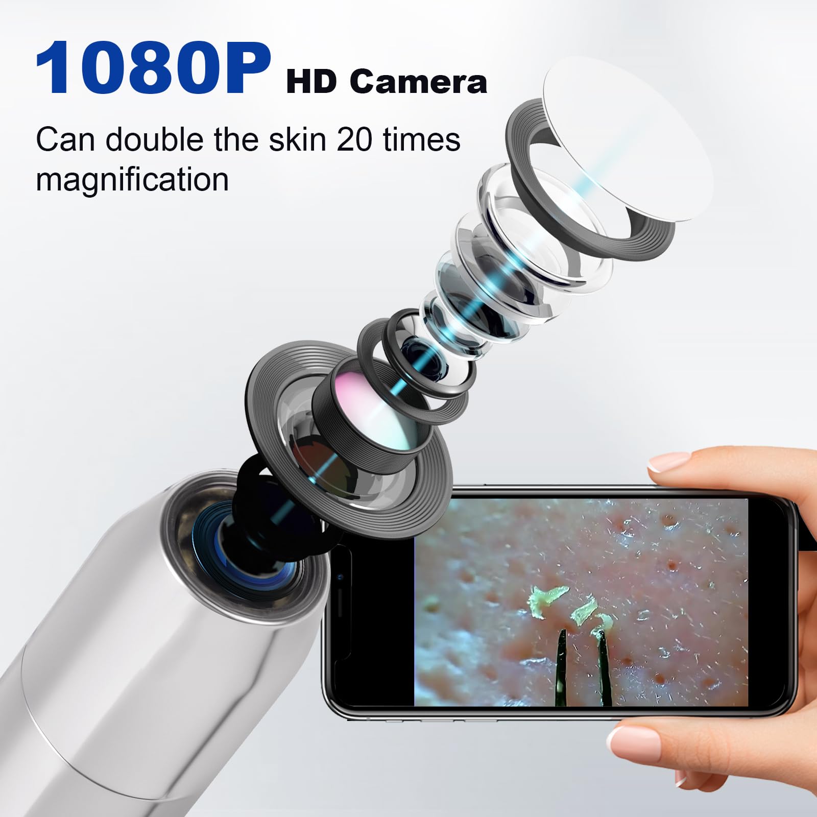 Kosimai ampliacion 30x, camara 1080p: inspección detallada de poros para tratamientos focalizados.