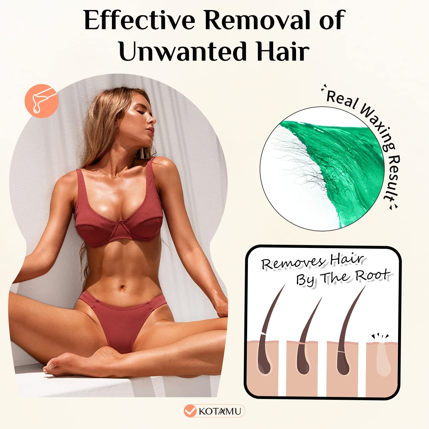 KOTAMU arms and legs waxing beads in use for home waxing sessions
