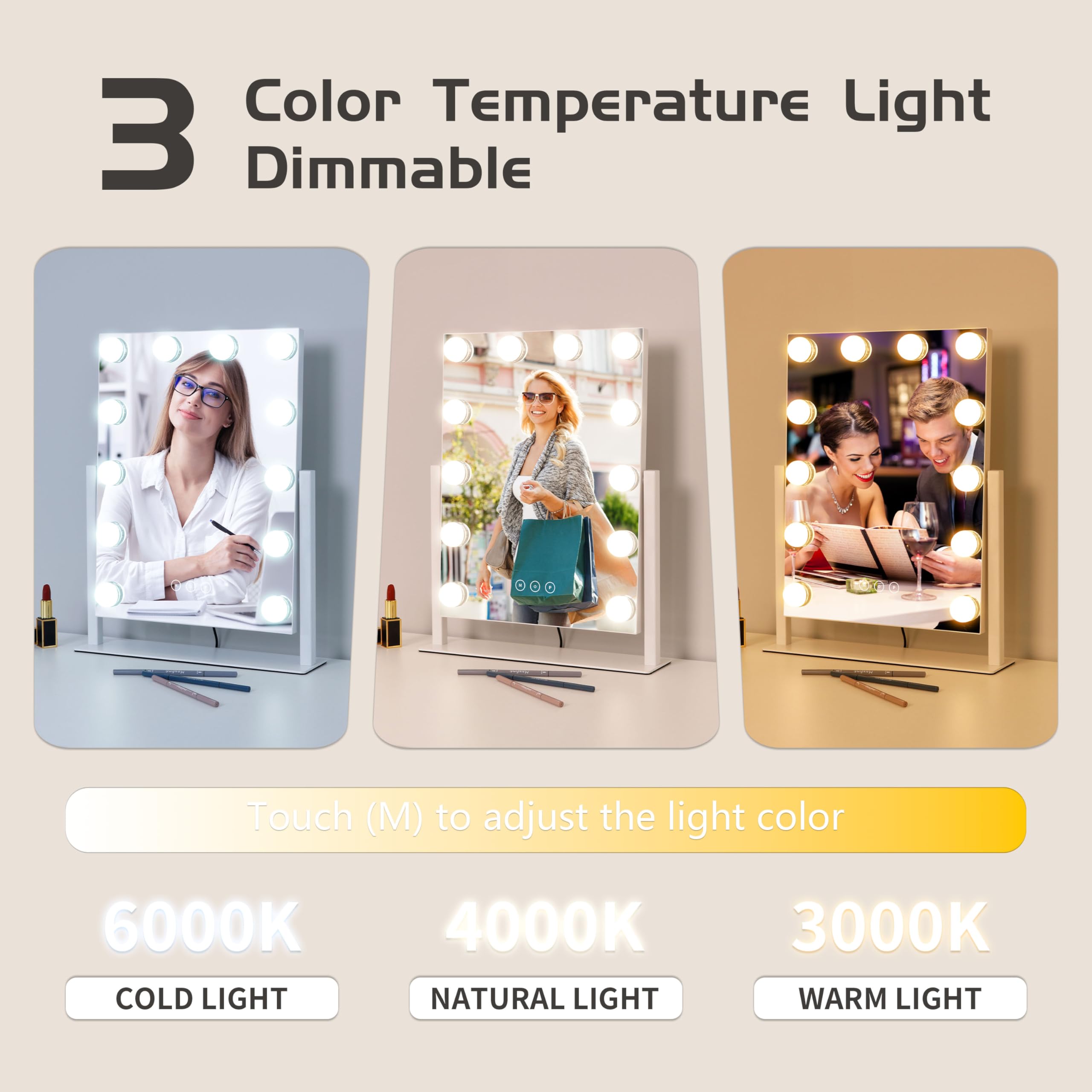 Kotdning espejo maquillaje con 3 colores de iluminación para distintos momentos del día.