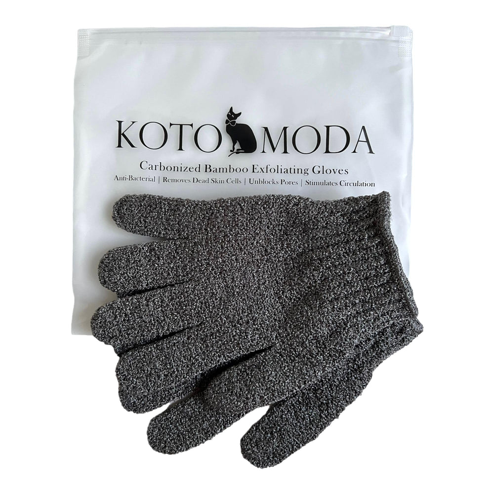 Kotomoda guantes exfoliantes de bambú carbonizado, limpieza suave y efectiva para baños.