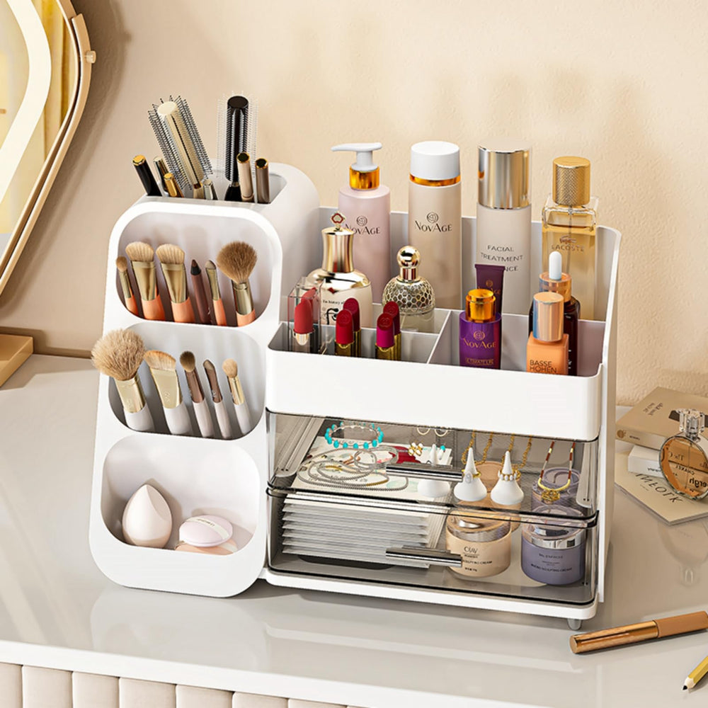 KQJS Organiseur maquillage tiroirs ouverts — accès direct aux pinceaux et palettes.