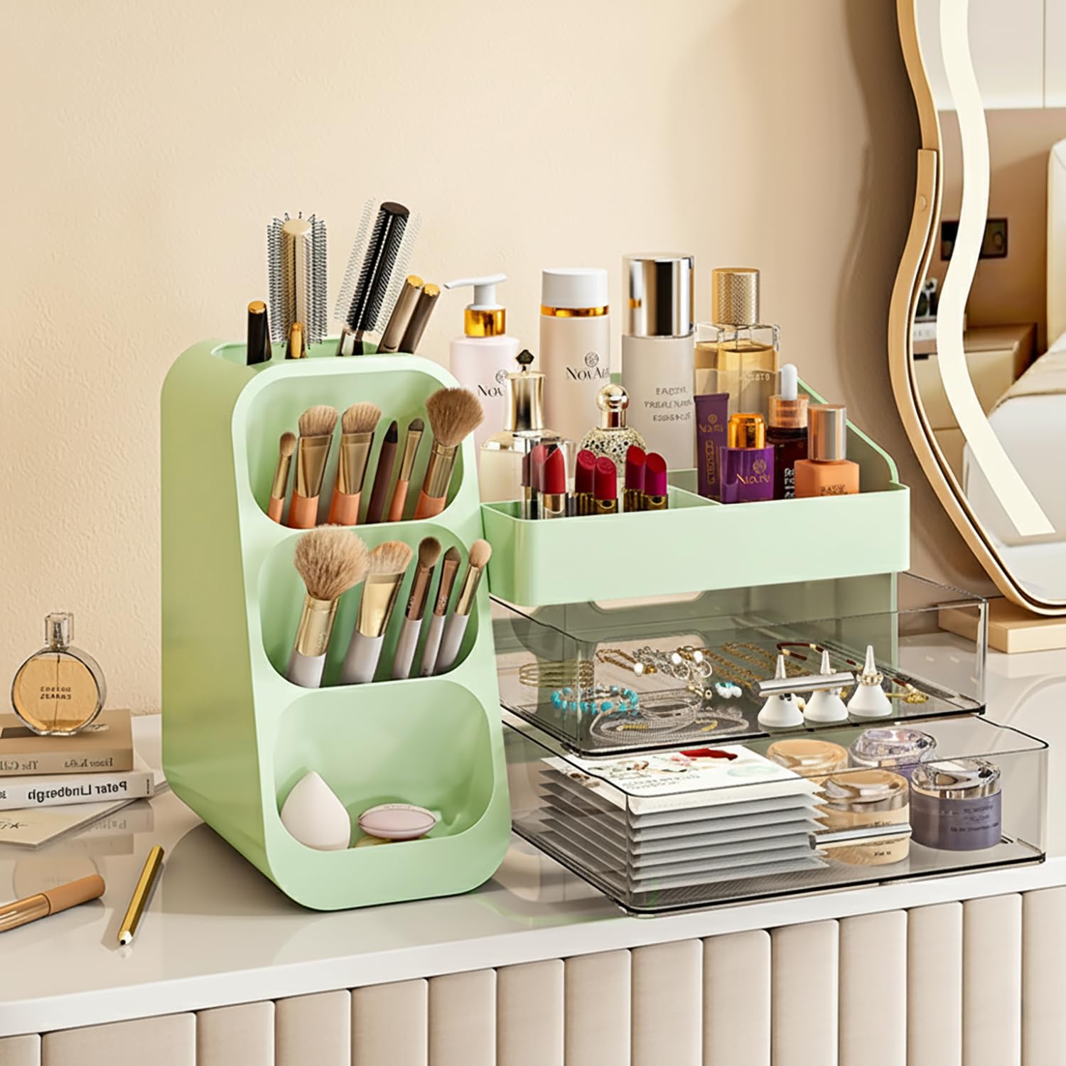 KQJS organizador brochas y labiales, mantiene herramientas ordenadas y productos accesibles.