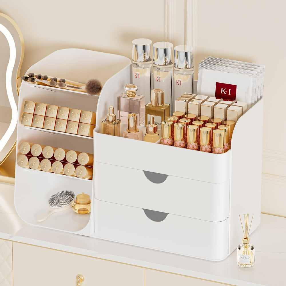 KQJS organizador maquillaje cajones grande verde, detalle botellas para cuidado de la piel ordenadas.