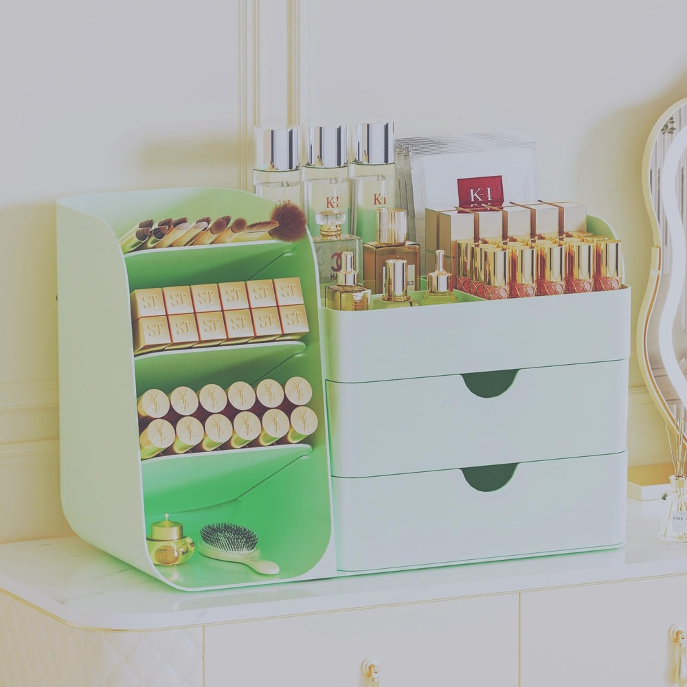 KQJS organizador maquillaje cajones grande verde, detalle pinceles para ordenar con facilidad.