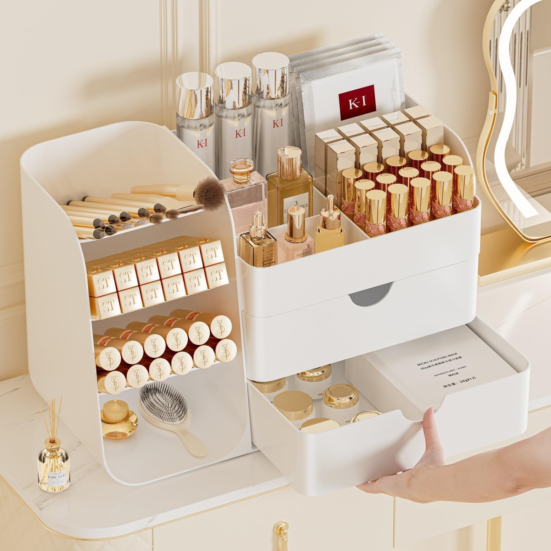 KQJS organizador maquillaje cajones grande verde, uso en tocador para ahorrar espacio.