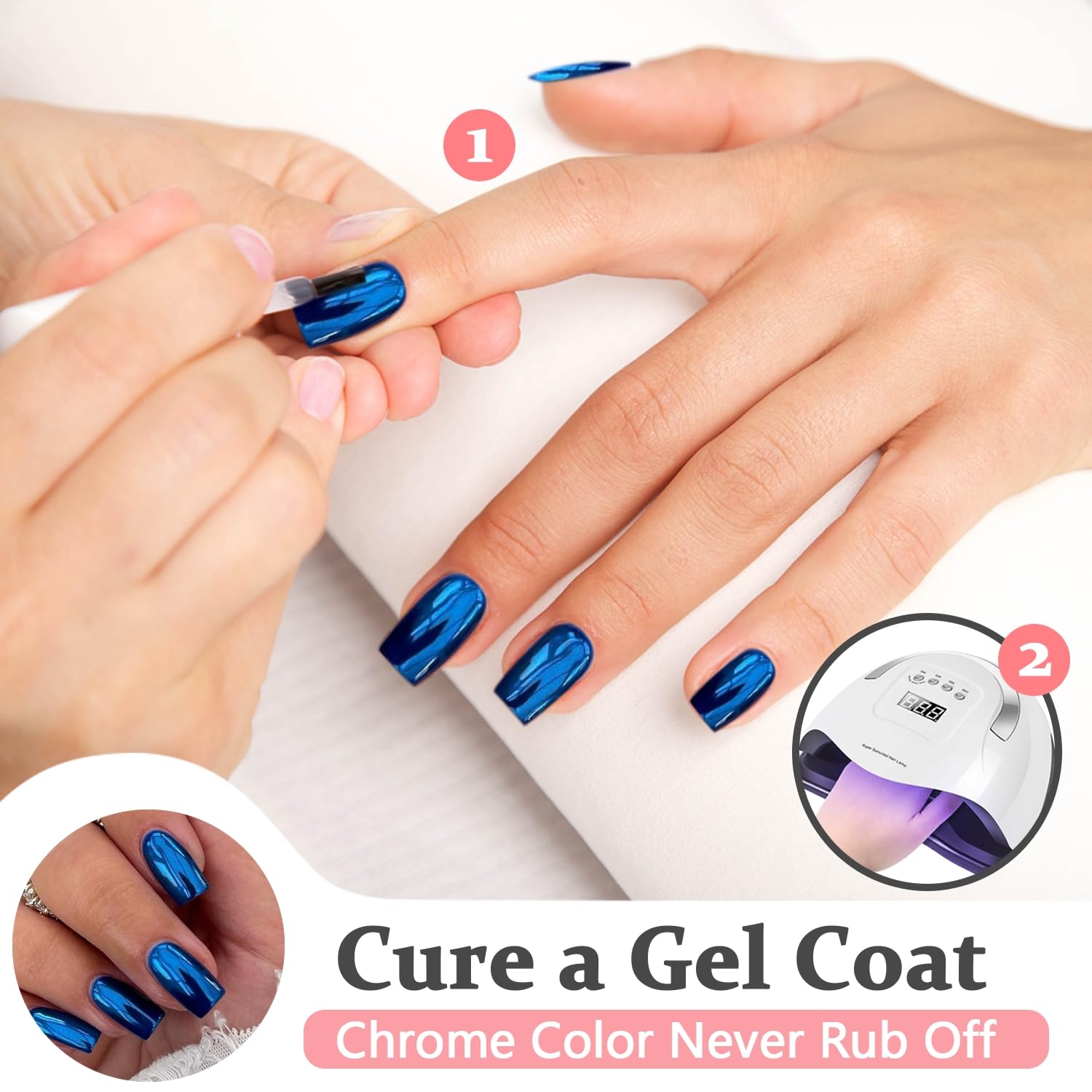 KQueenest uñas cromo azul real, acabado holográfico para estilo nocturno.