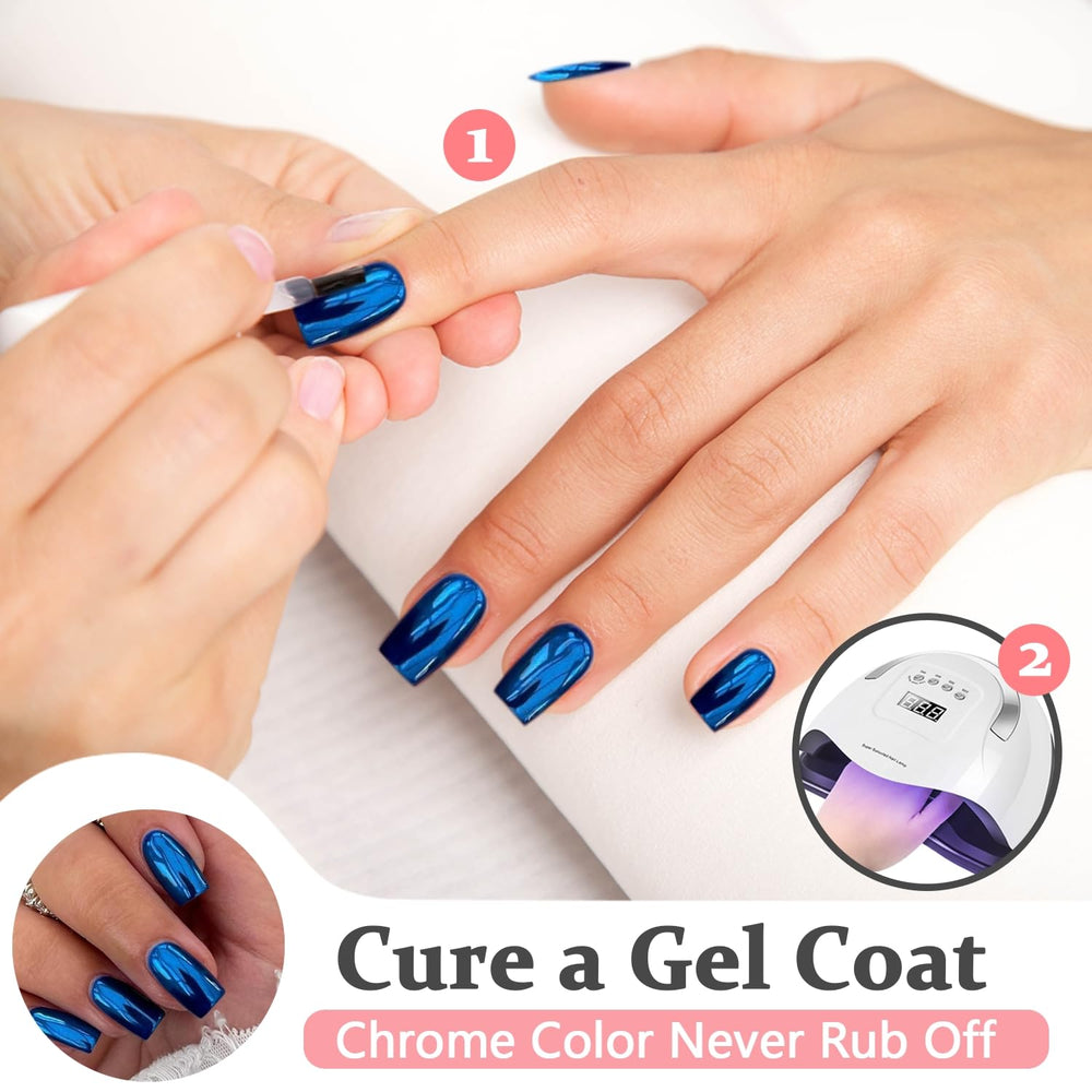 KQueenest uñas cromo azul real, acabado holográfico para estilo nocturno.