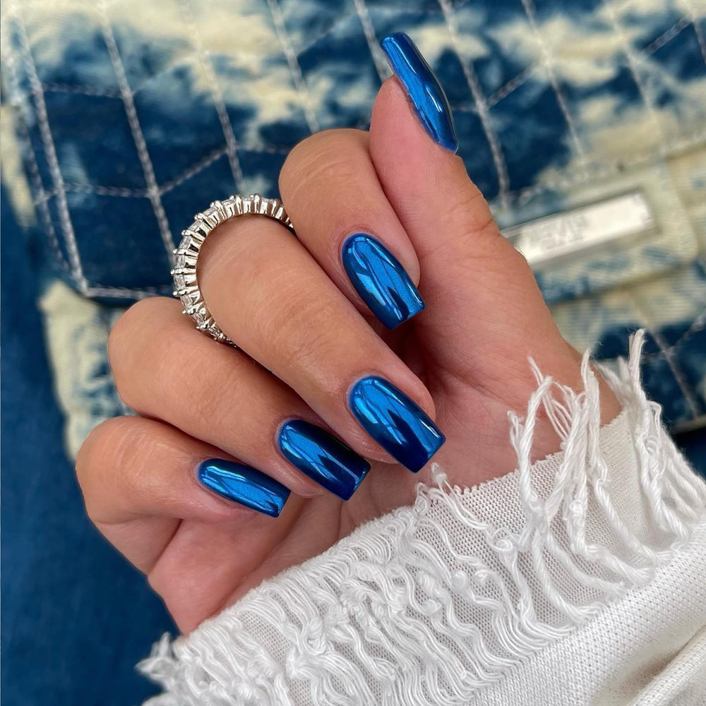 KQueenest uñas cromo azul real, diseño cuadrado y brillo duradero para diario.
