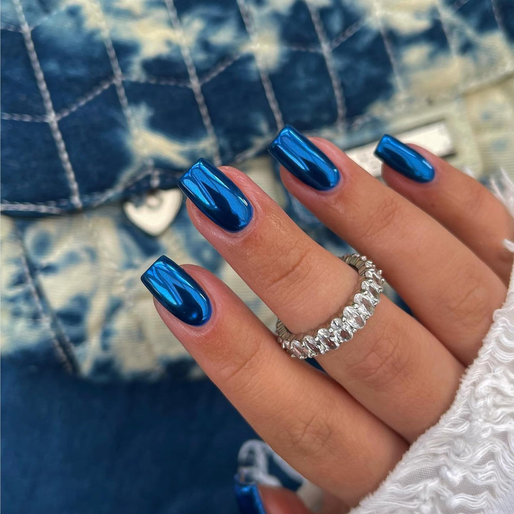 Uñas cromo azul real KQueenest de longitud mediana, acabado deslumbrante para ocasiones.