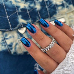 Uñas cromo azul real KQueenest de longitud mediana, acabado deslumbrante para ocasiones.