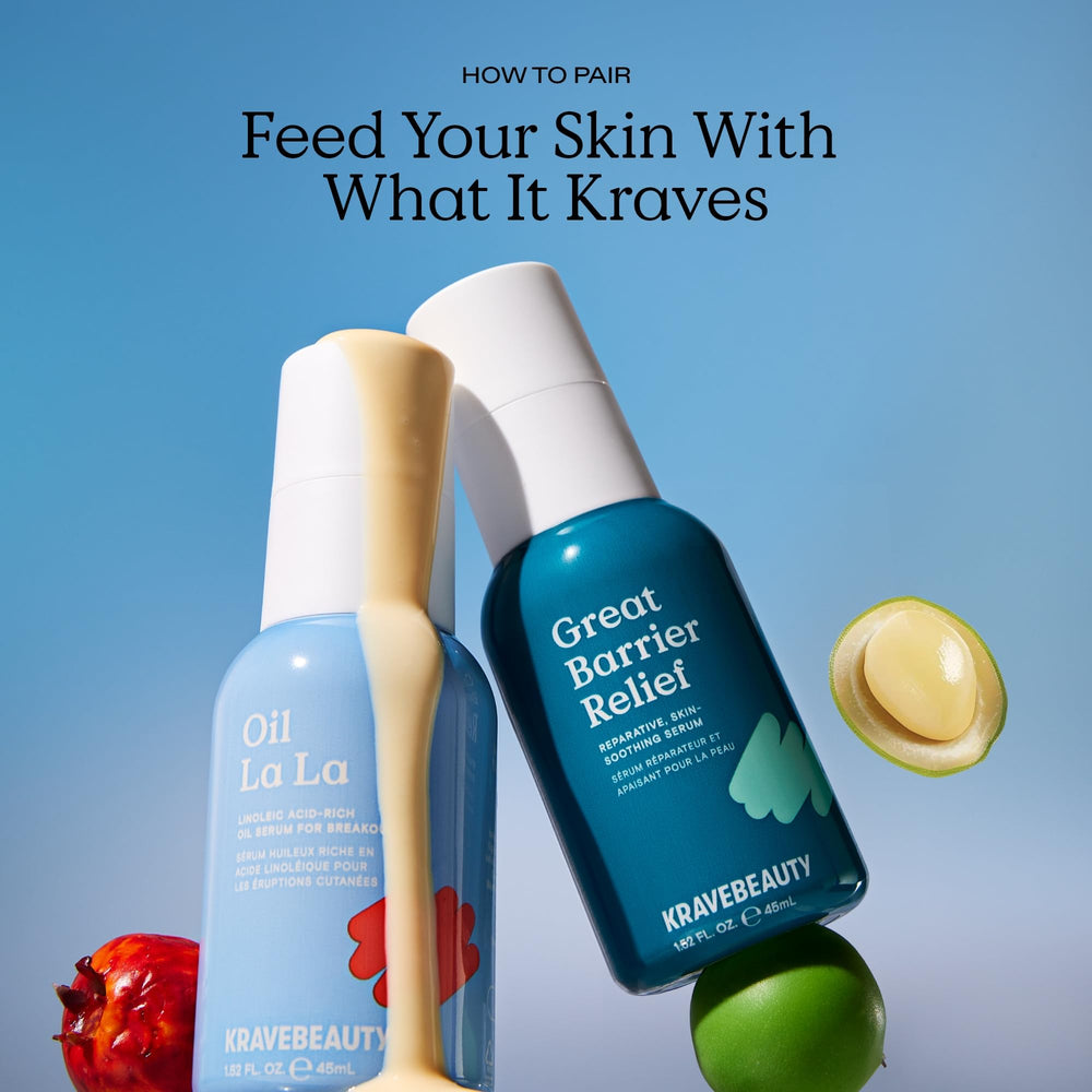 KraveBeauty Great Barrier Relief Serum, diseño inspirado en Corea, rutina de cuidado suave.