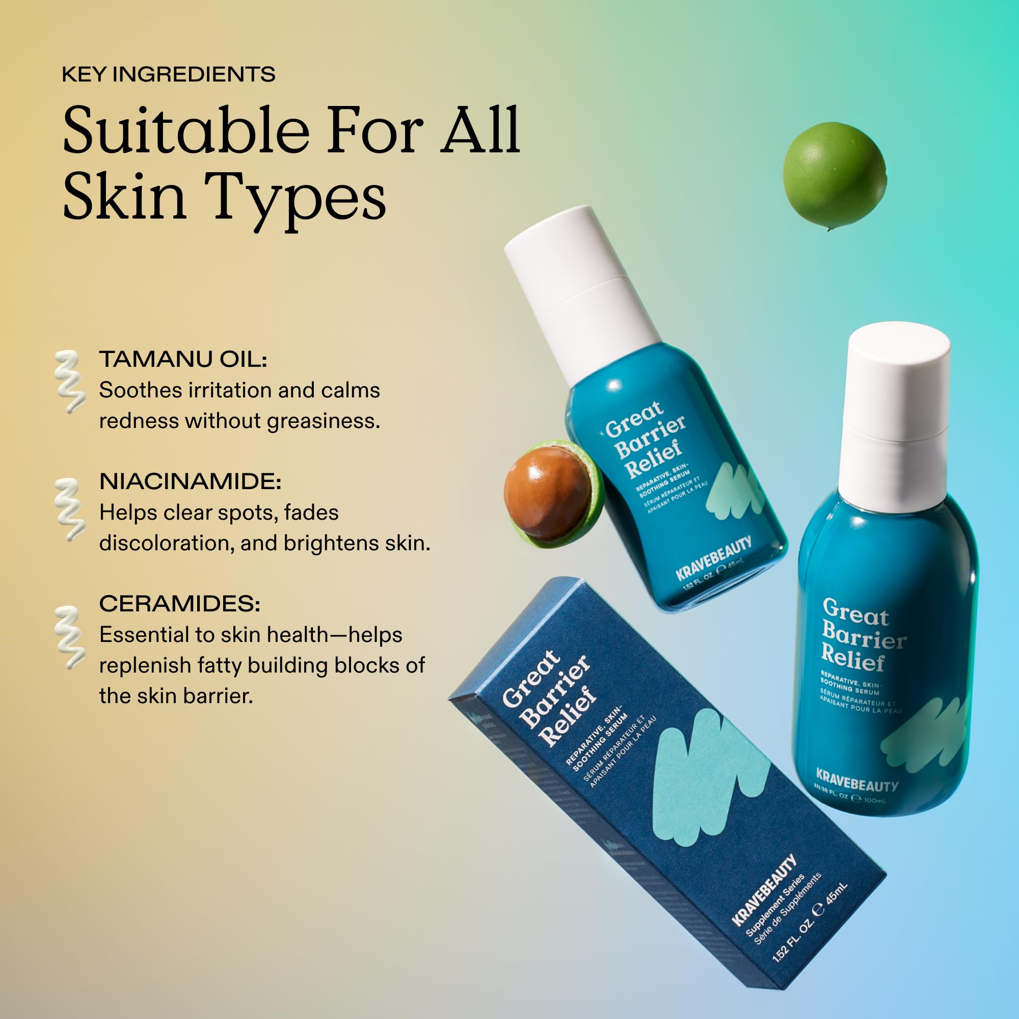 KraveBeauty Great Barrier Relief Serum, enrojecimiento visible para calma de la piel sensible.