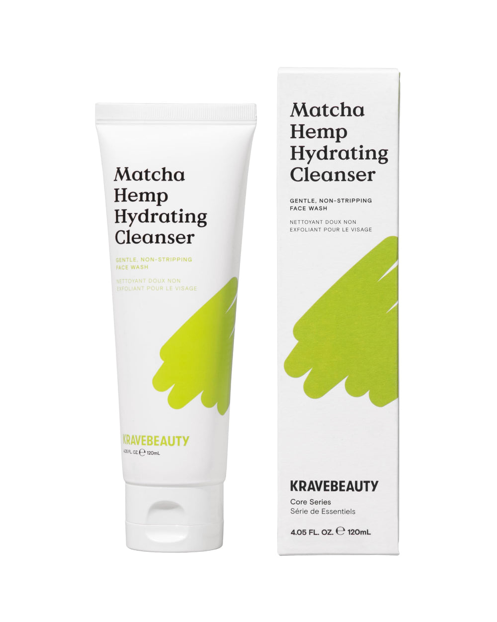 KraveBeauty Matcha Hemp Hydrating Cleanser, botella frontal, limpieza suave que mantiene hidratación.