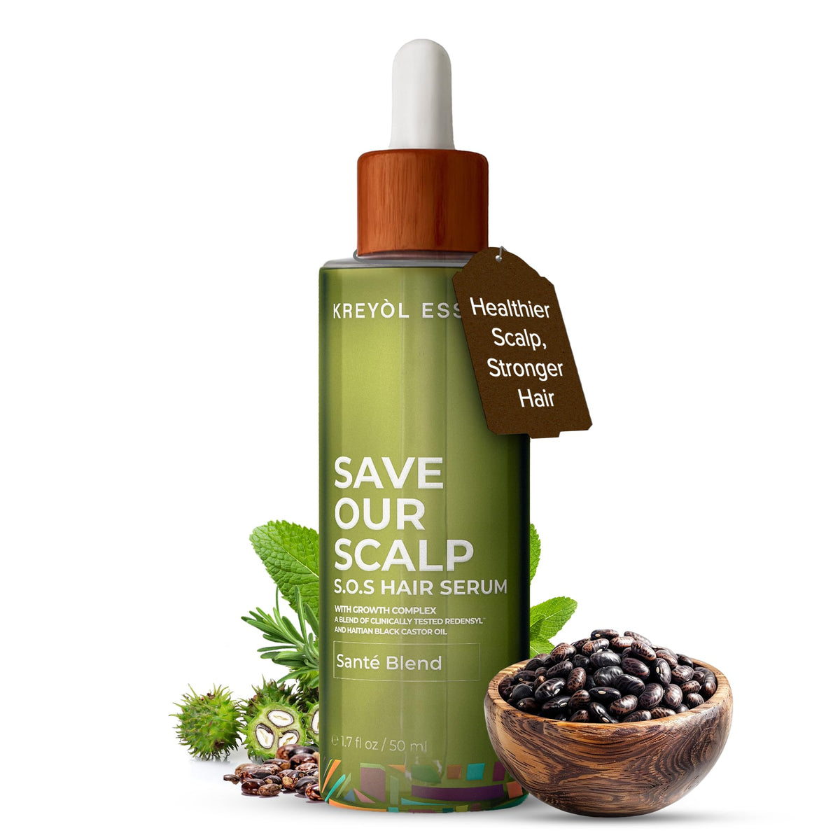 Kreol Essence S.O.S Serum, botella visible para cabello más denso.