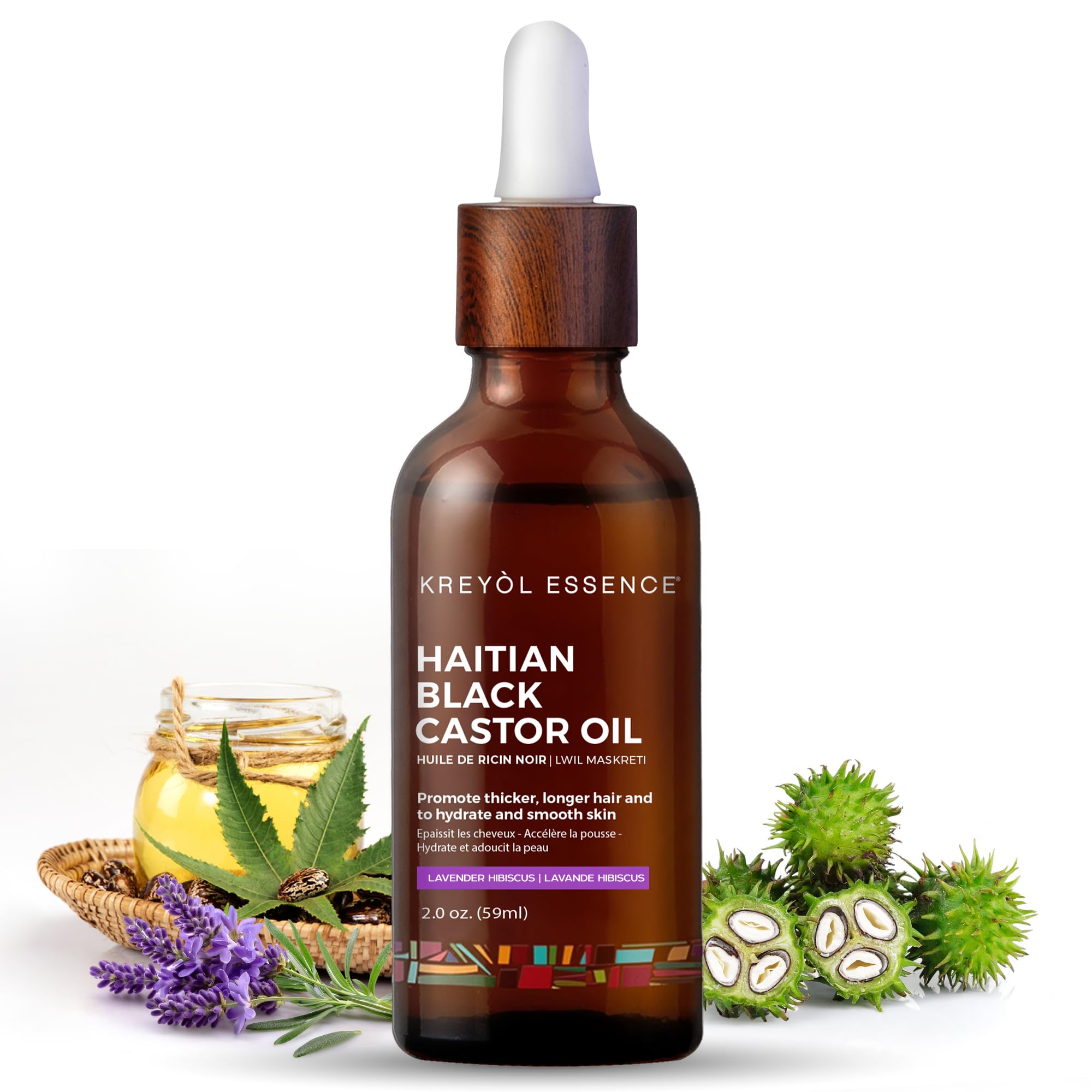 KREYÒL ESSENCE: botella de vidrio con aceite de ricino negro haitiano, uso diario para cabello.