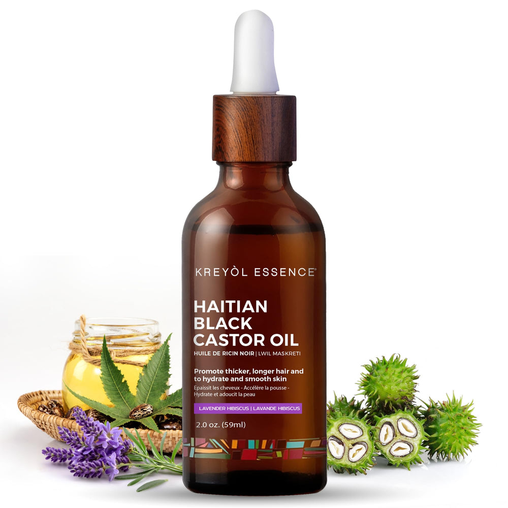 KREYÒL ESSENCE: botella de vidrio con aceite de ricino negro haitiano, uso diario para cabello.