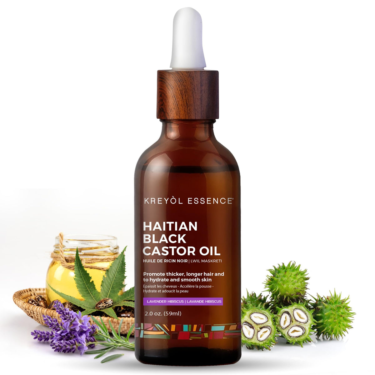 KREYÒL ESSENCE: botella de vidrio con aceite de ricino negro haitiano, uso diario para cabello.