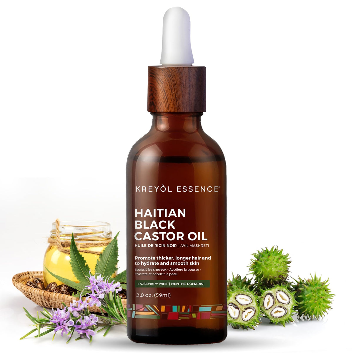 Kreyol Essence aceite de ricino negro haitiano en frasco de cristal para cabello nutritivo