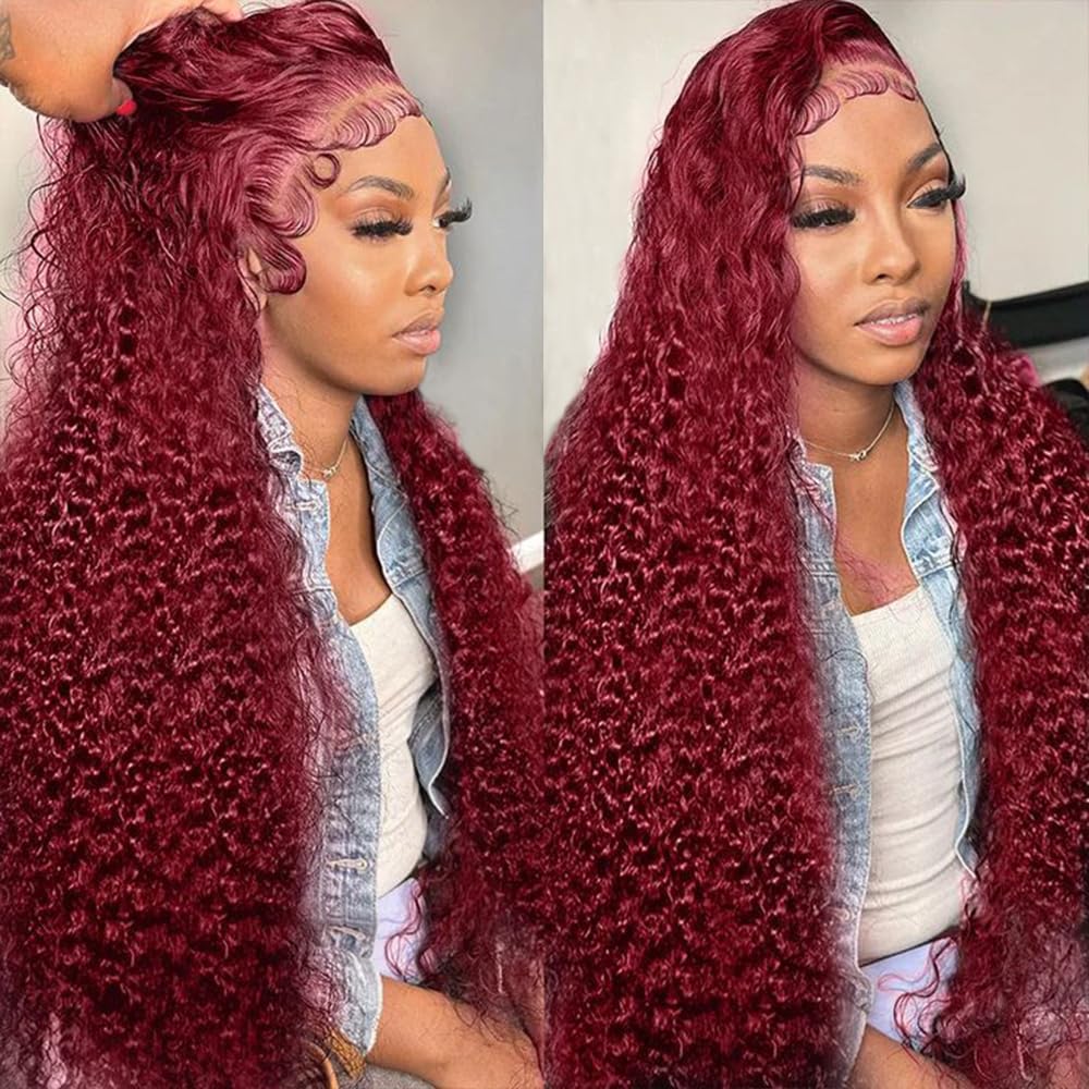 KRKRYQ 30-inch burgundy deep wave side part demonstrates dramatic length and volume.