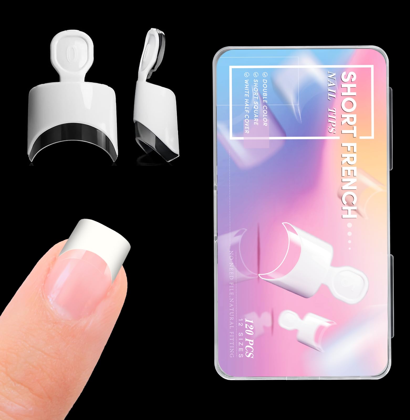 Krofaue uñas francesas cortas blancas en estuche, ideal para manicura casera.