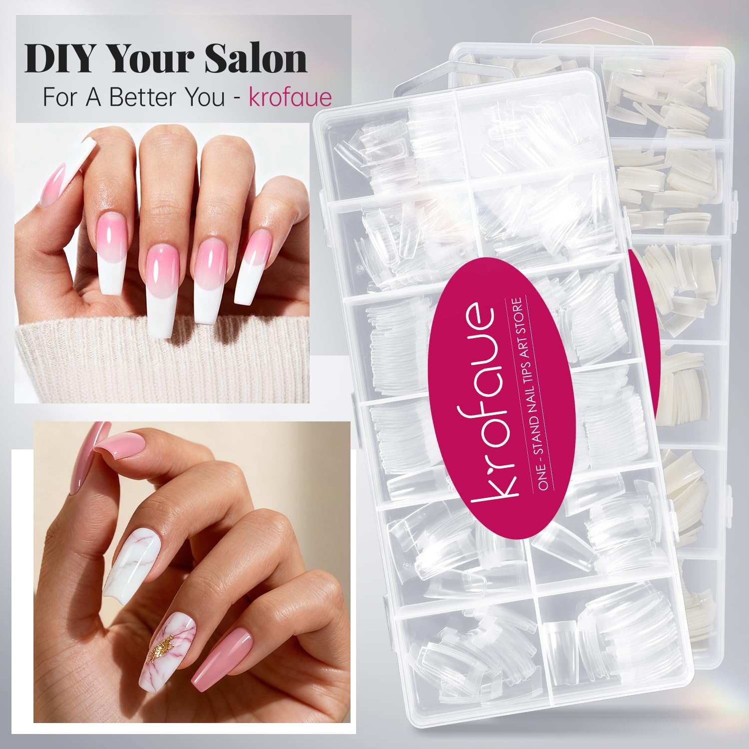 Puntas en 12 tallas Krofaue para ajuste cómodo en uñas.