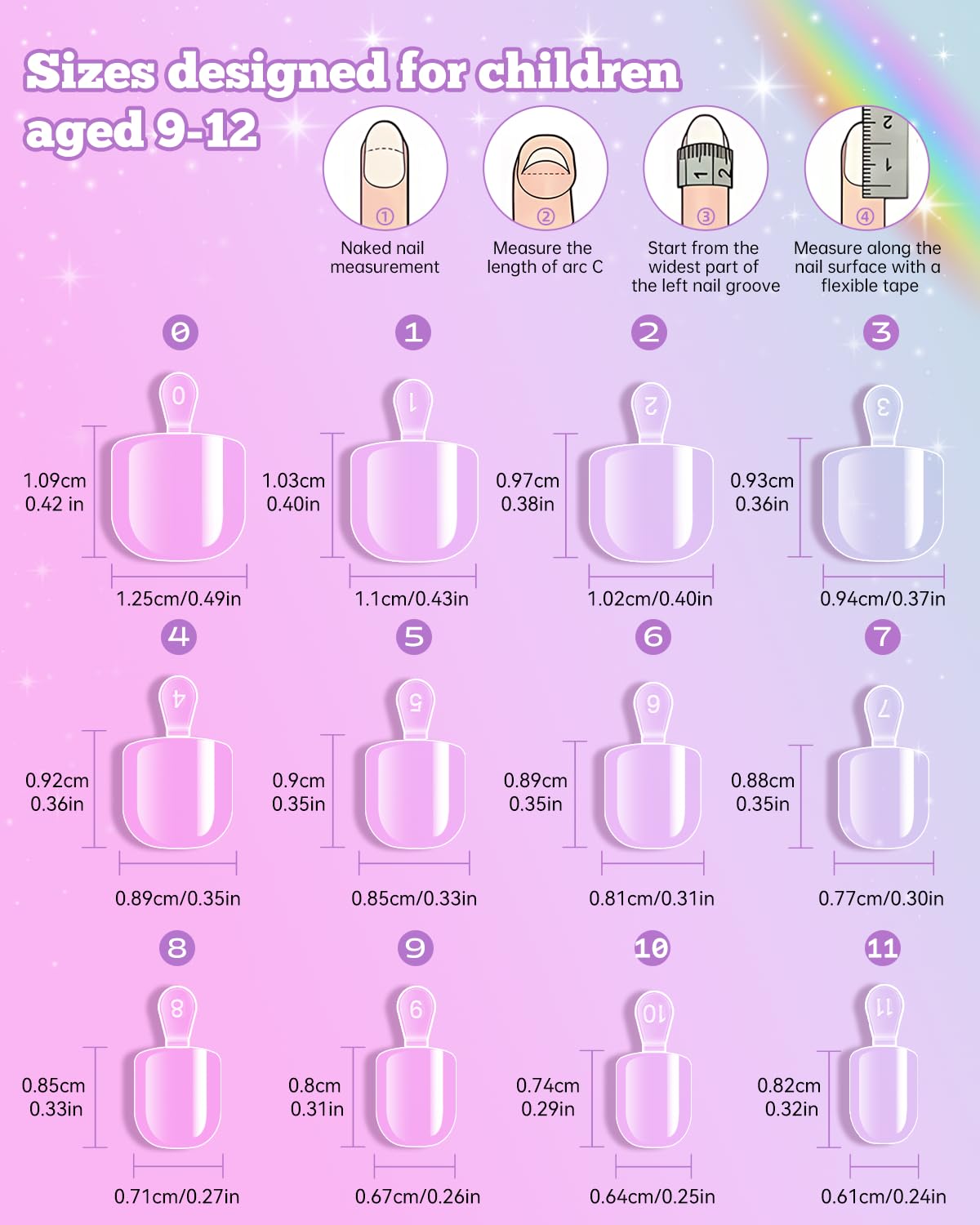 Krofaue 12 tamanos de uñas infantiles para ajuste cómodo y seguro.
