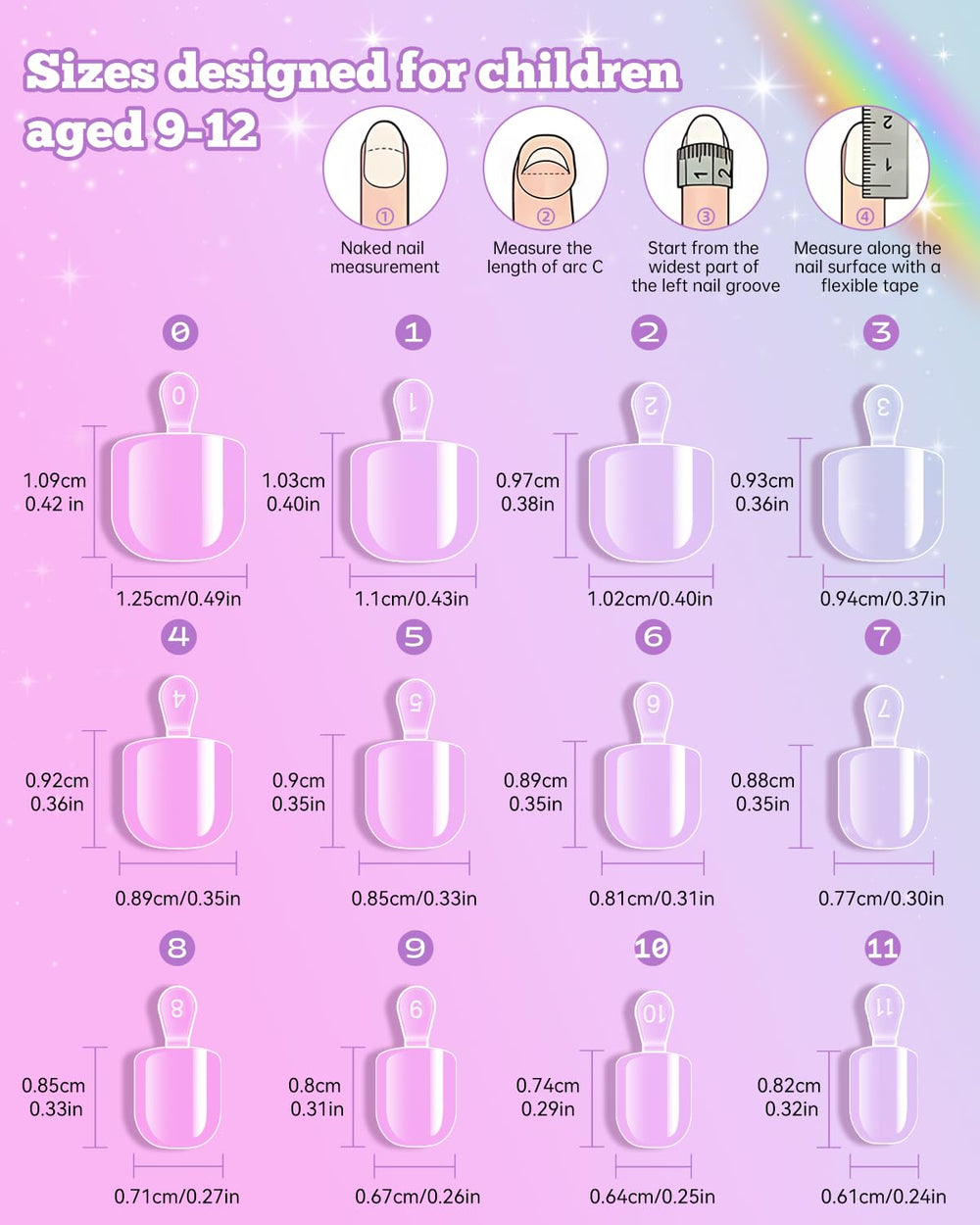 Krofaue 12 tamanos de uñas infantiles para ajuste cómodo y seguro.