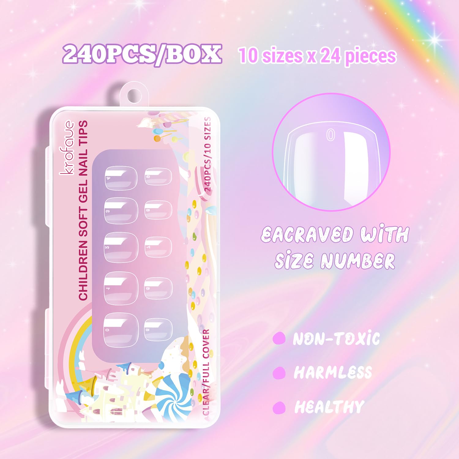 krofaue uñas cortas claras para niñas, enfoque 04, listado en 10 tallas para ajuste perfecto