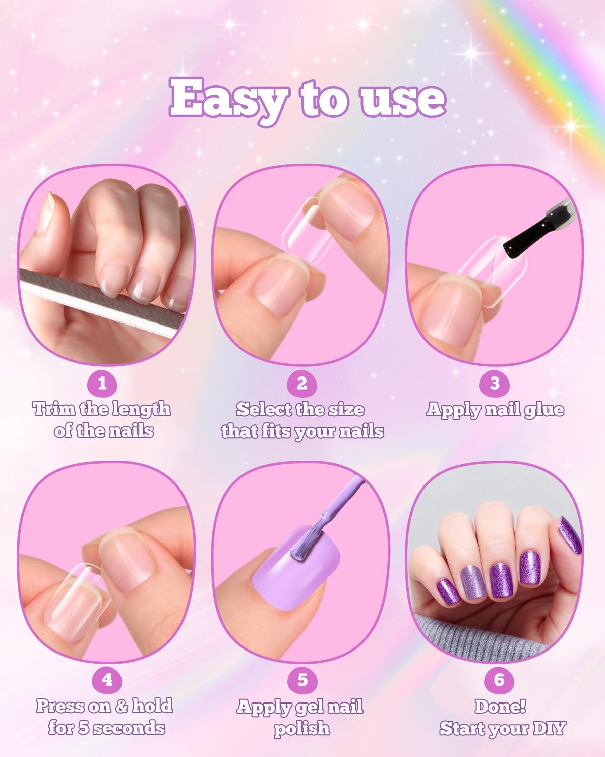 Krofaue decoración casera para uñas: esmalte, pegatinas y polvo.
