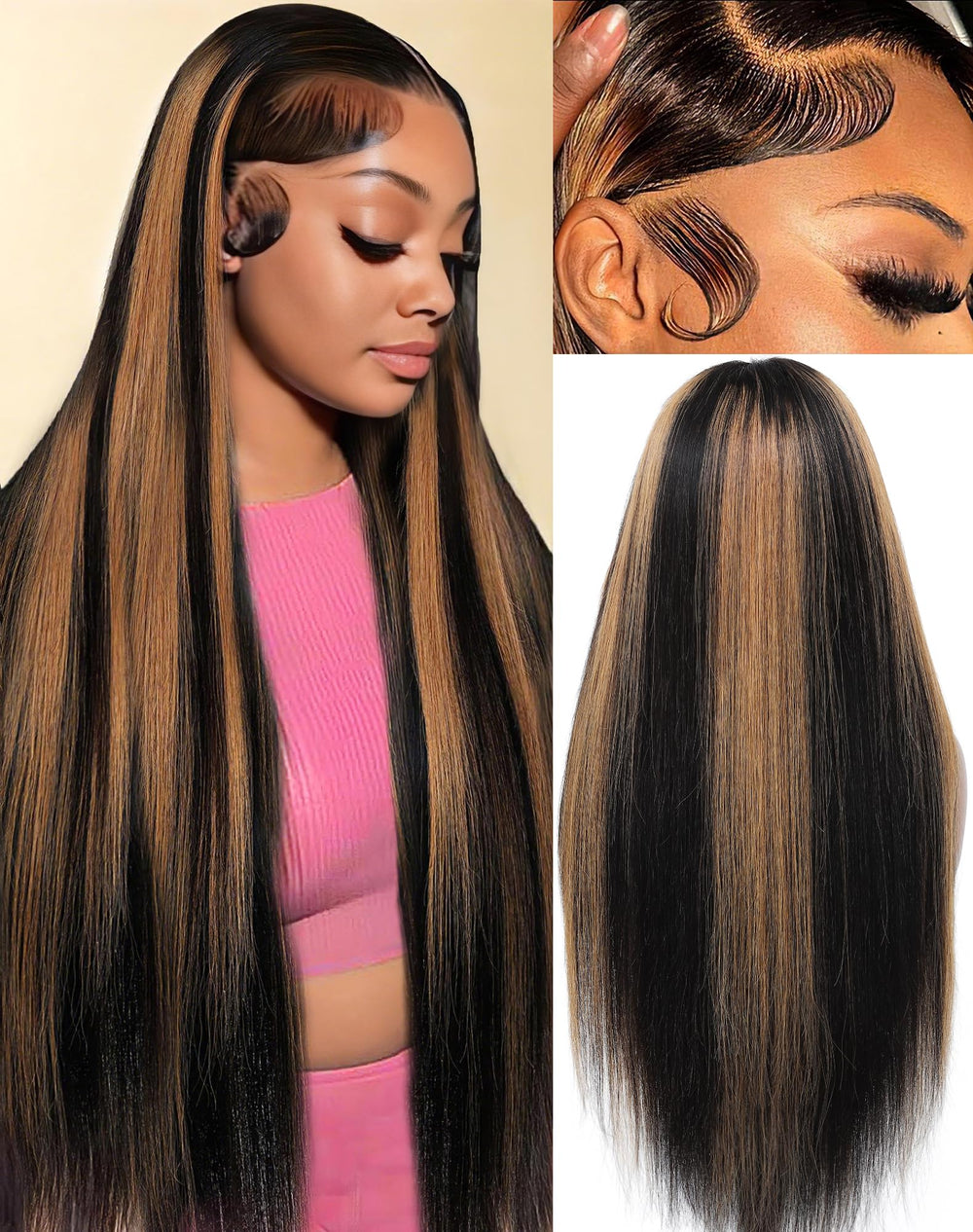 KUKIM peluca ombre liso con encaje frontal para looks diarios.