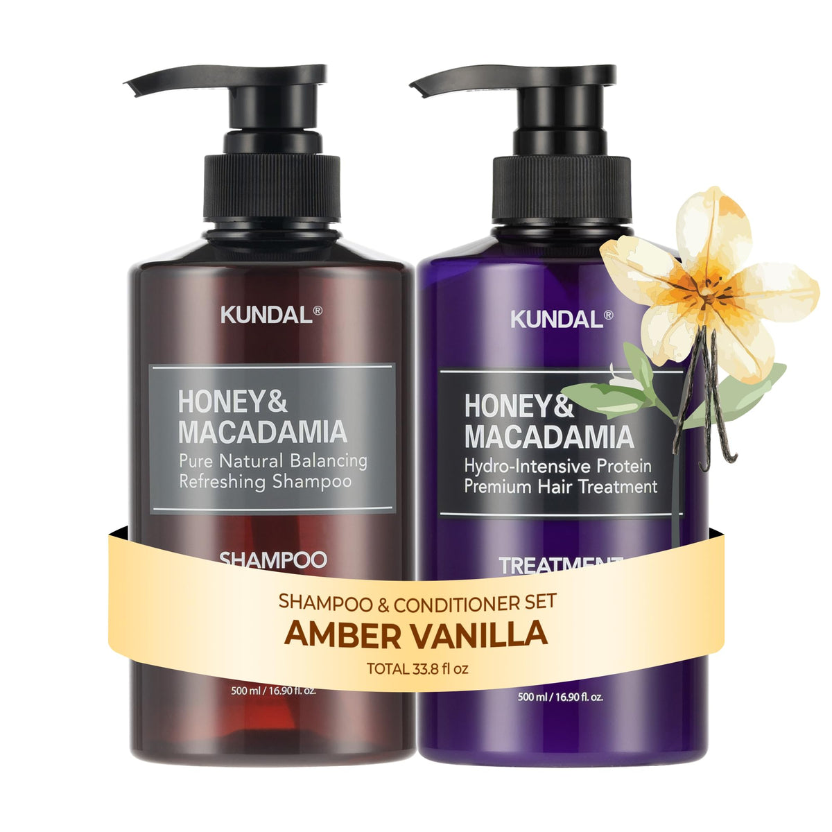 KUNDAL champú Amber Vanilla en botella ergonómica para uso diario.