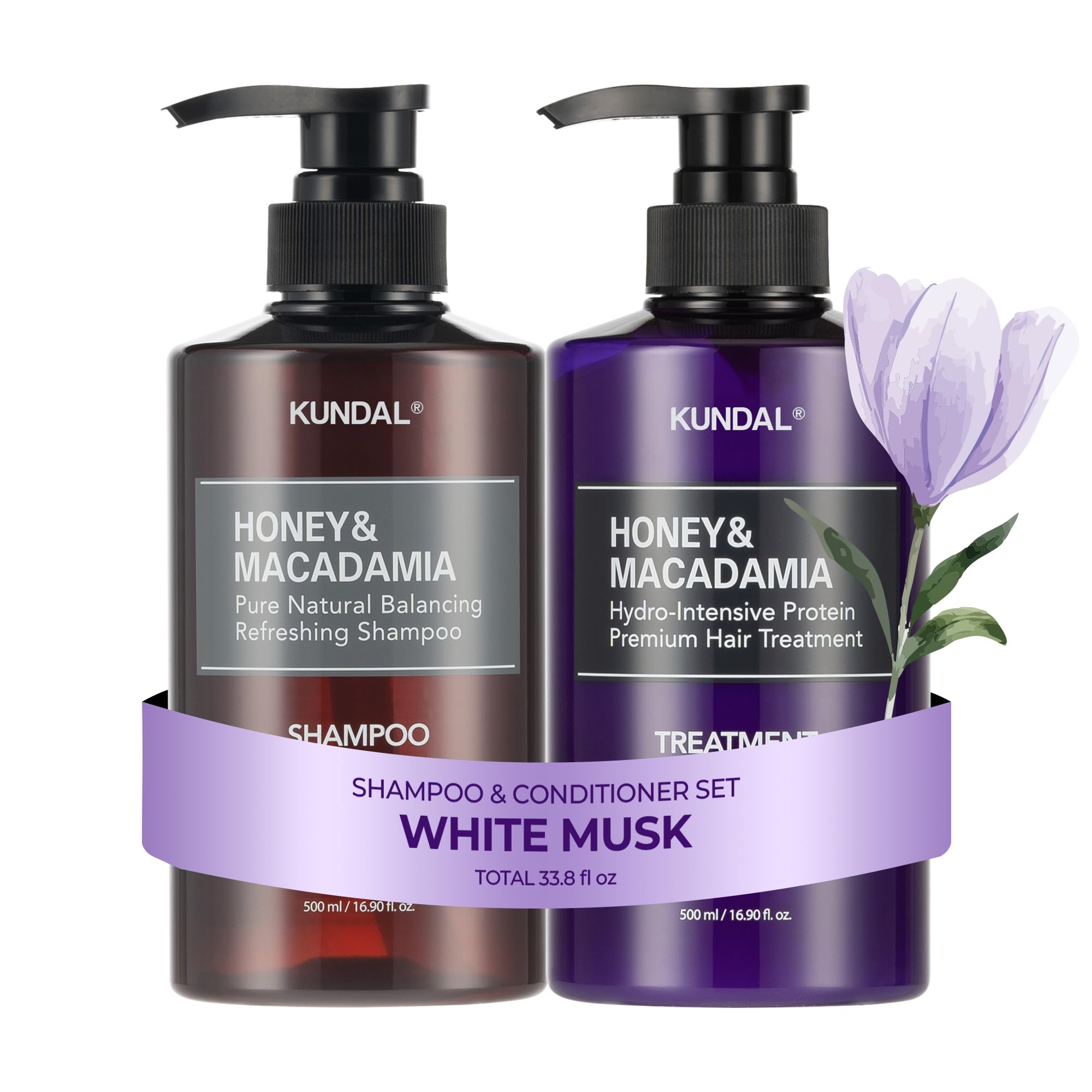 KUNDAL champú White Musk, botella ergonómica para uso diario.
