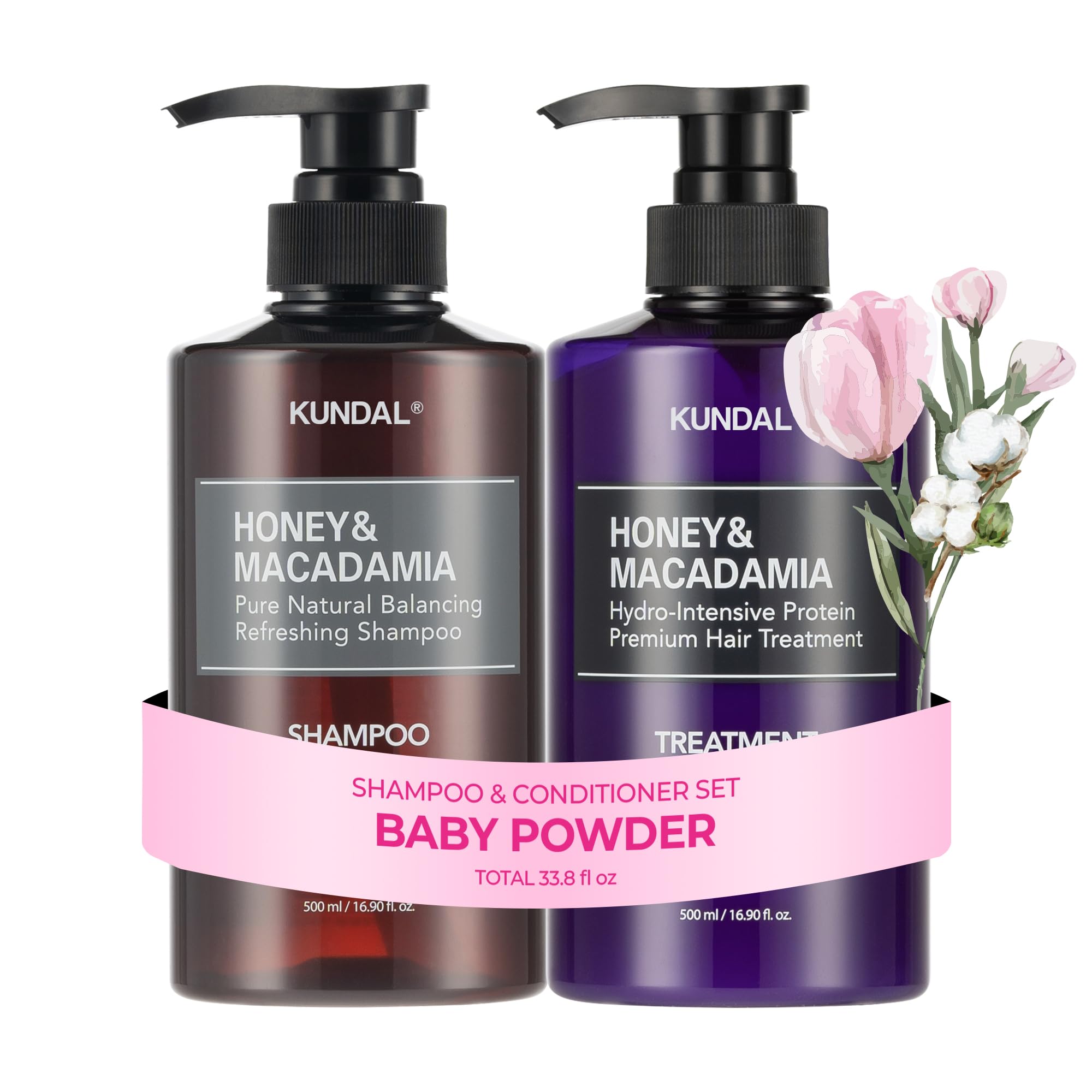 KUNDAL champú en botella, aroma Polvo de Bebé, aporta suavidad y nutrición al cabello.