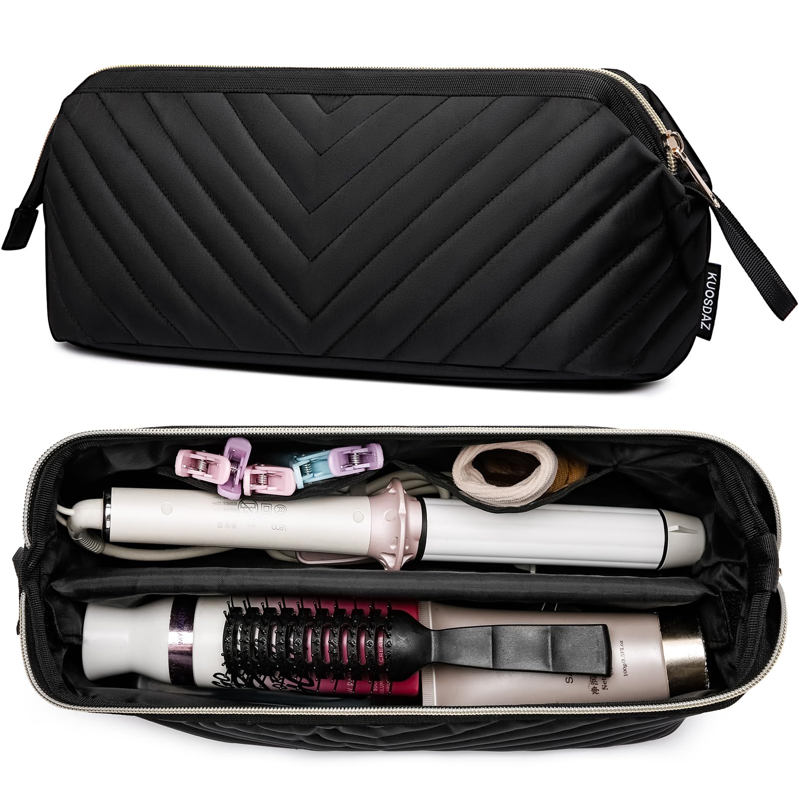 Kuosdaz bolsa de viaje para herramientas de cabello con cierre dorado, transporta plancha y secador